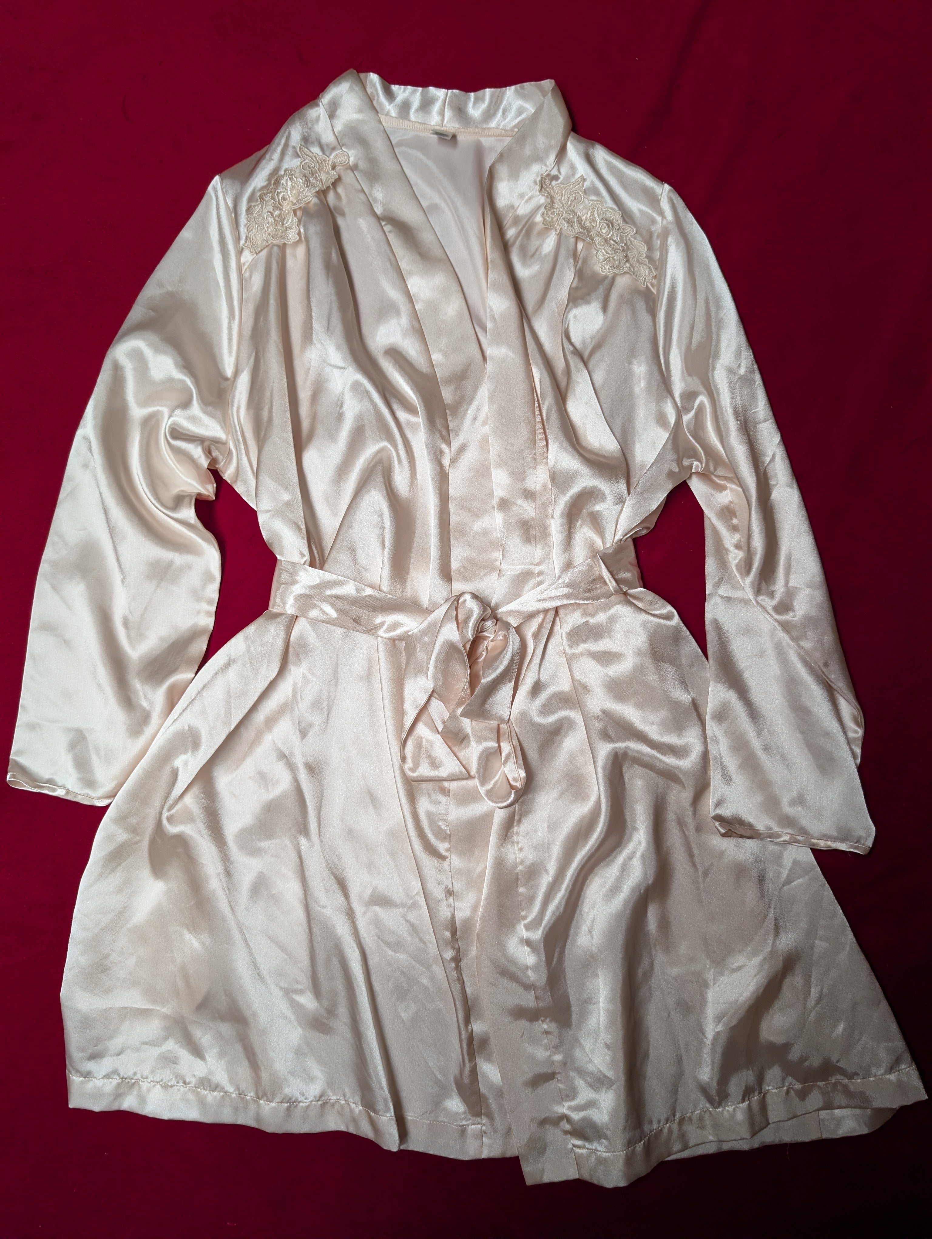 Ivory Cream Beaded Lace Long Sleeved Short Satin Robe in Medium