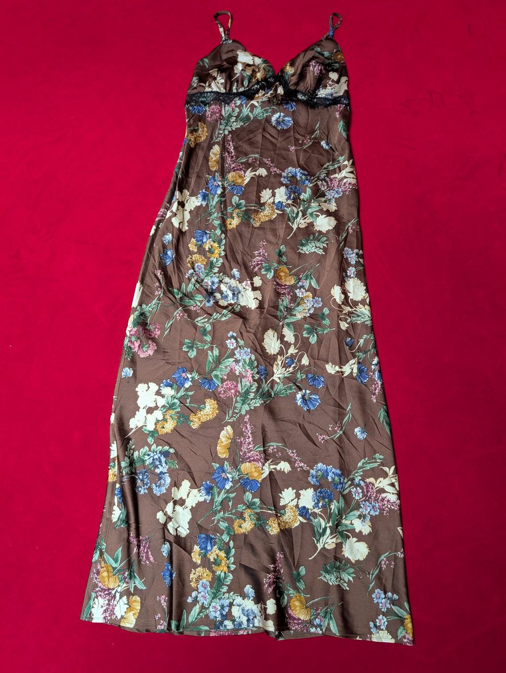 Brown & Blue Floral Maxi Slip Dress with Lace Details size Large