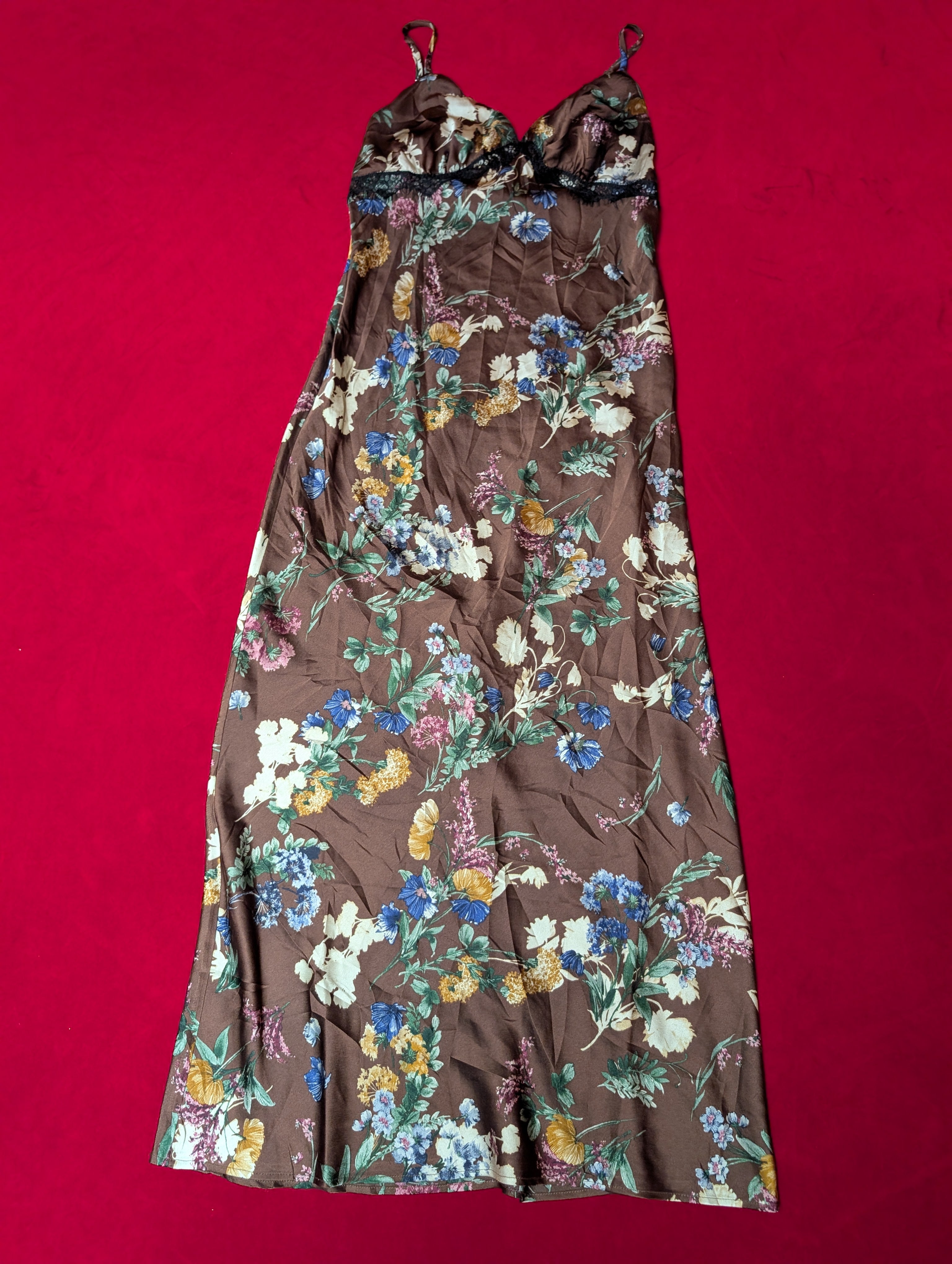 Brown & Blue Floral Maxi Slip Dress with Lace Details size Large
