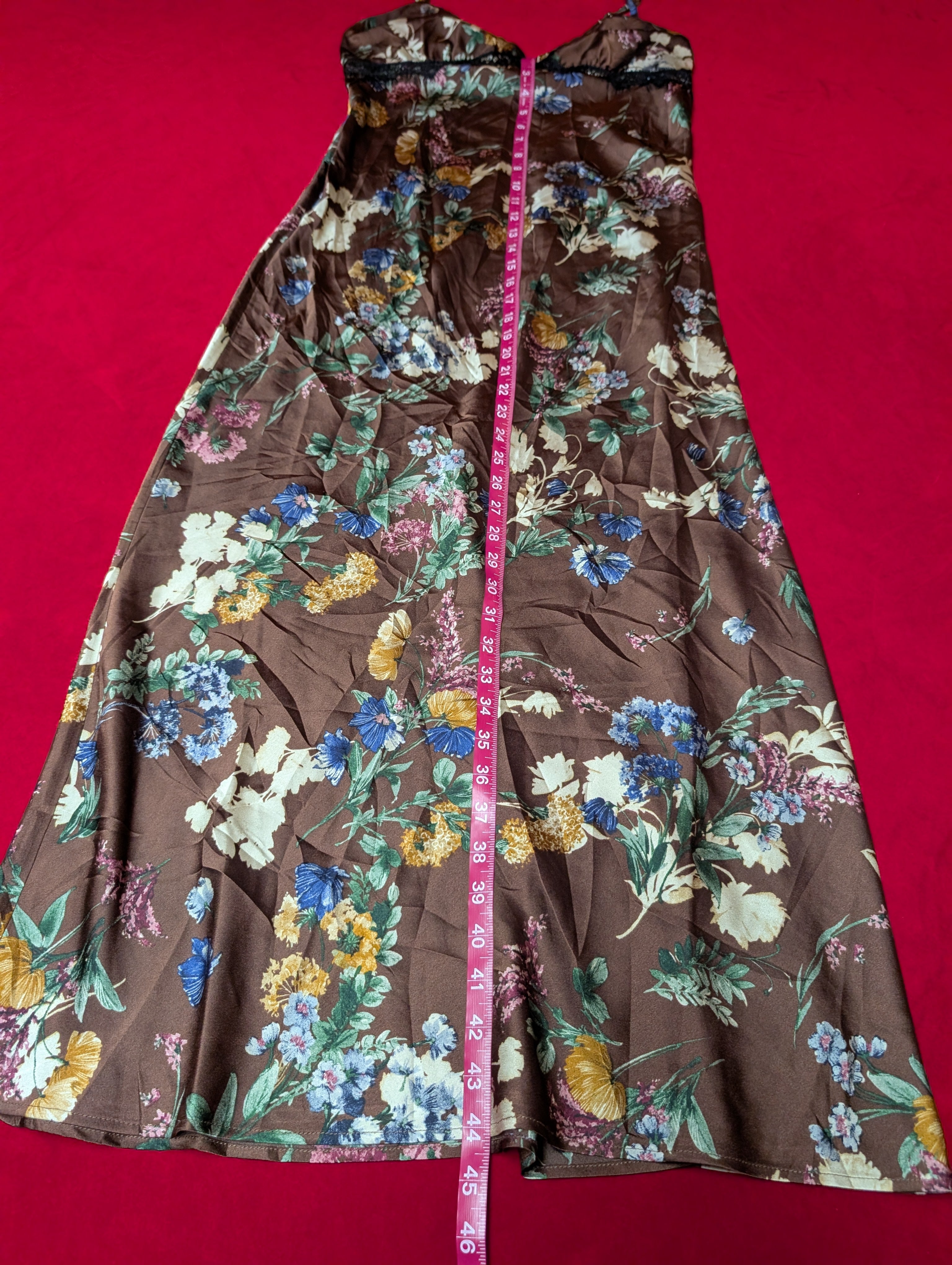 Brown & Blue Floral Maxi Slip Dress with Lace Details size Large