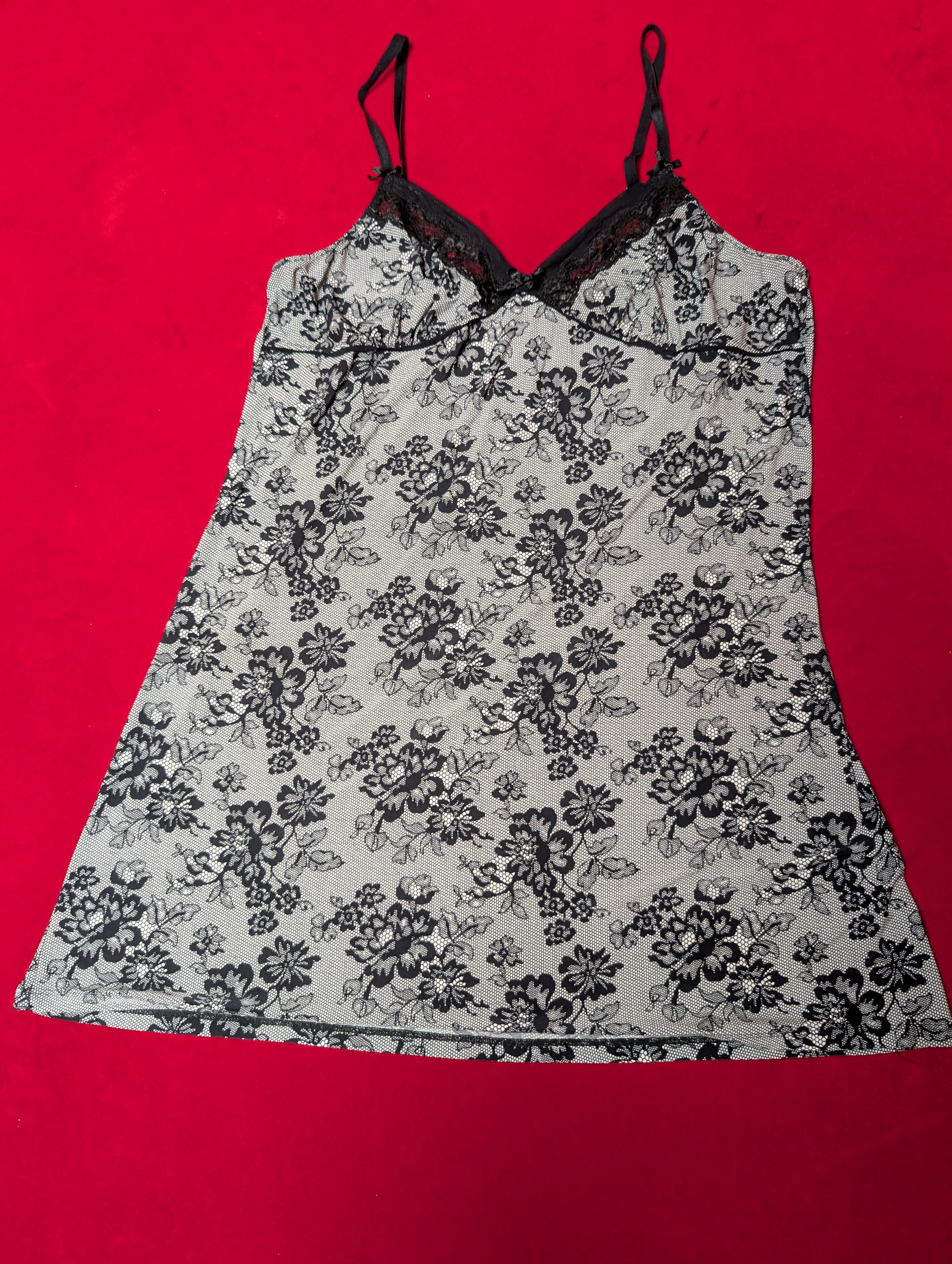 Soft Grey & Black Lace Floral Mini Babydoll Slip Chemise in XL