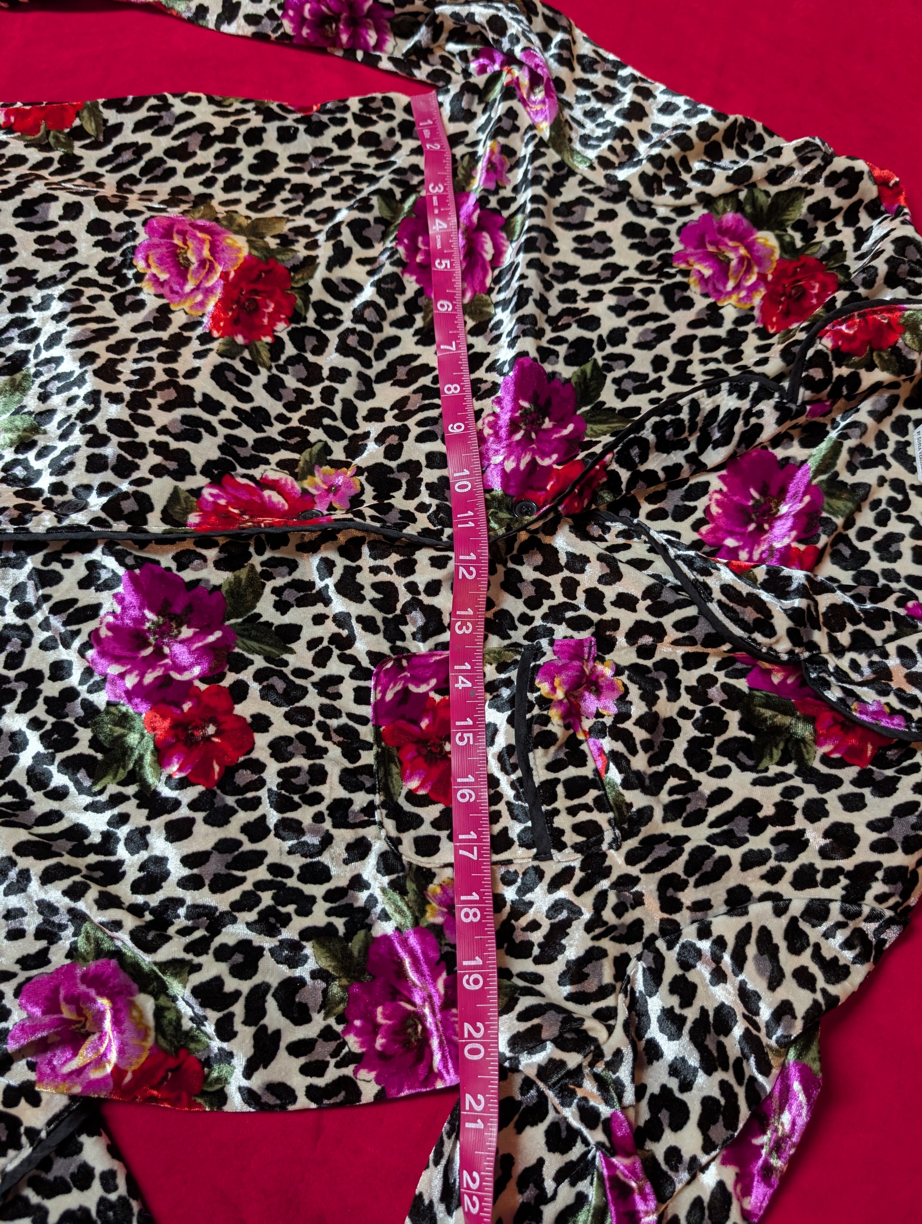 Wild Roses & Leopard Animal Print Velour Velvet Long Pajama Set in Medium
