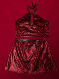 A two-piece halter crop top and matching mini skirt set in a shiny red and black leopard print pattern, displayed flat against a solid red background.