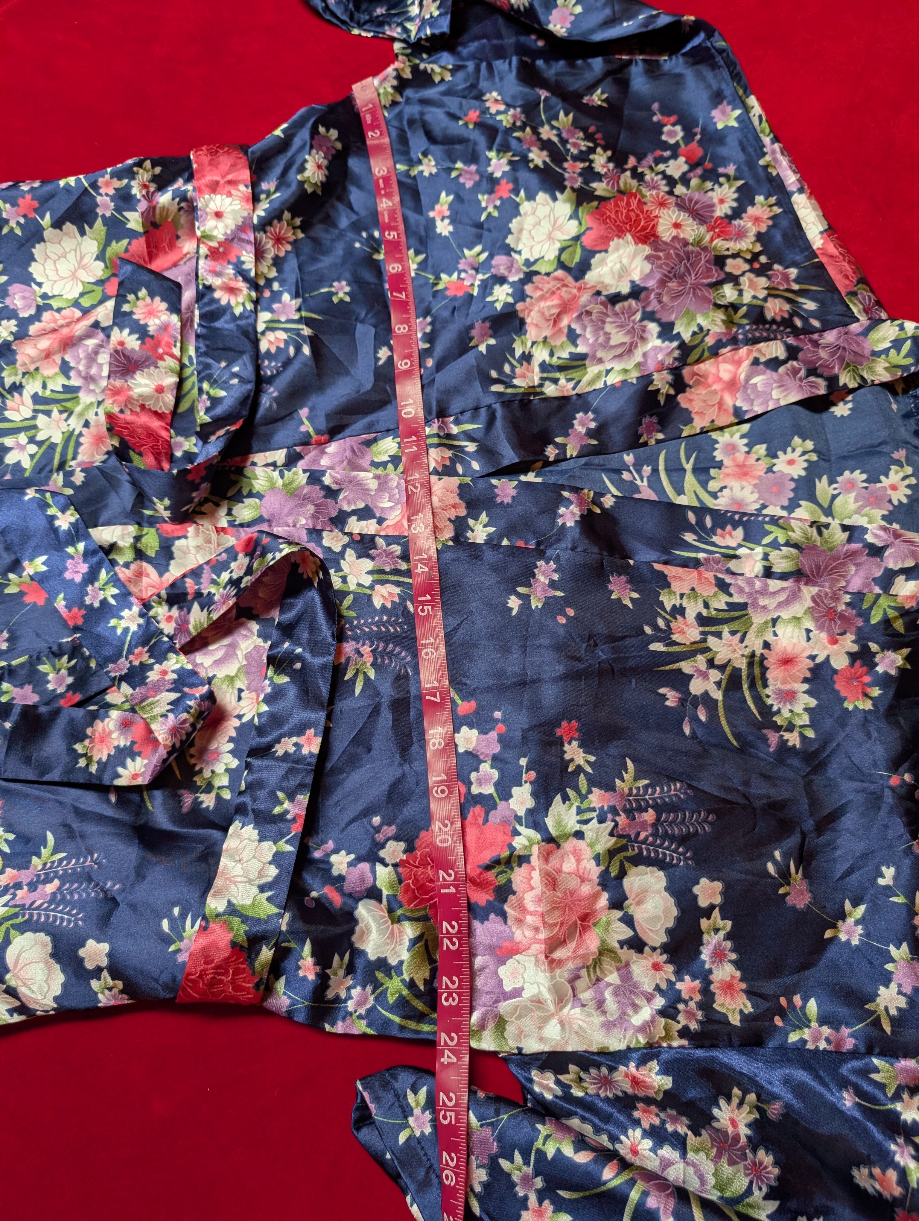 Navy Blue Floral Satin Wrap Robe with Sash size Medium