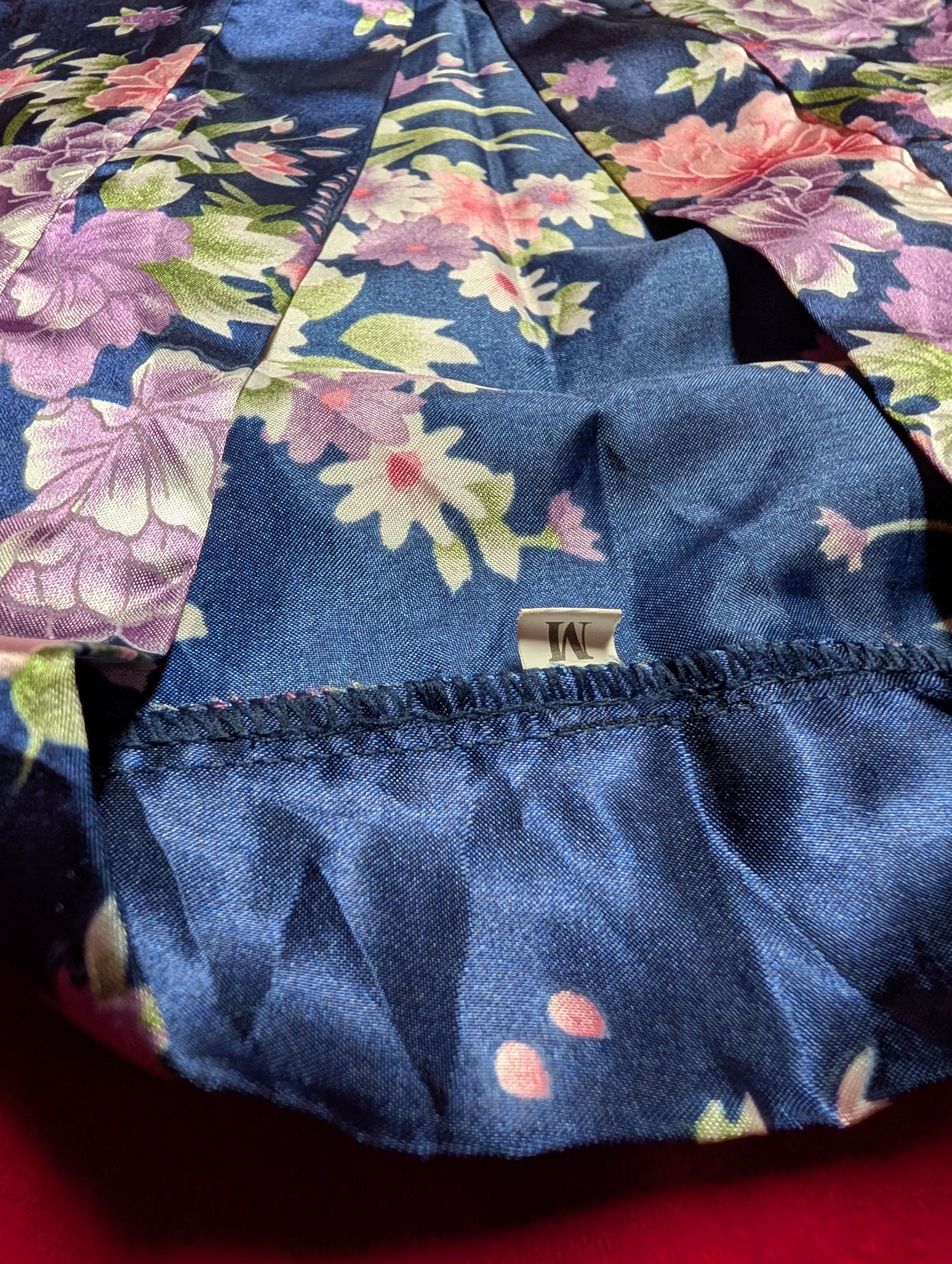 Navy Blue Floral Satin Wrap Robe with Sash size Medium