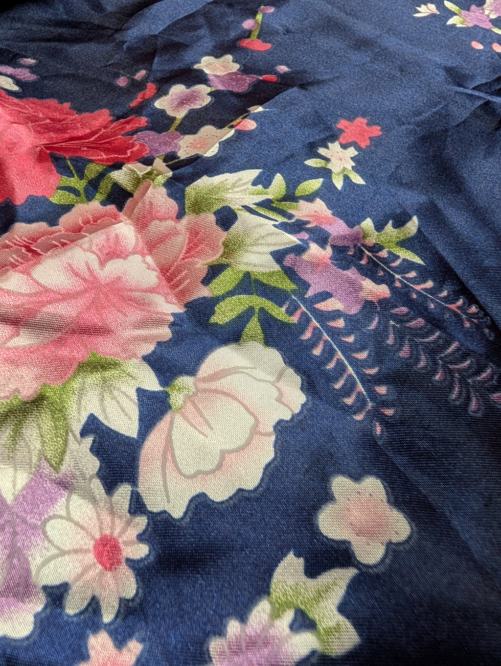 Navy Blue Floral Satin Wrap Robe with Sash size Medium