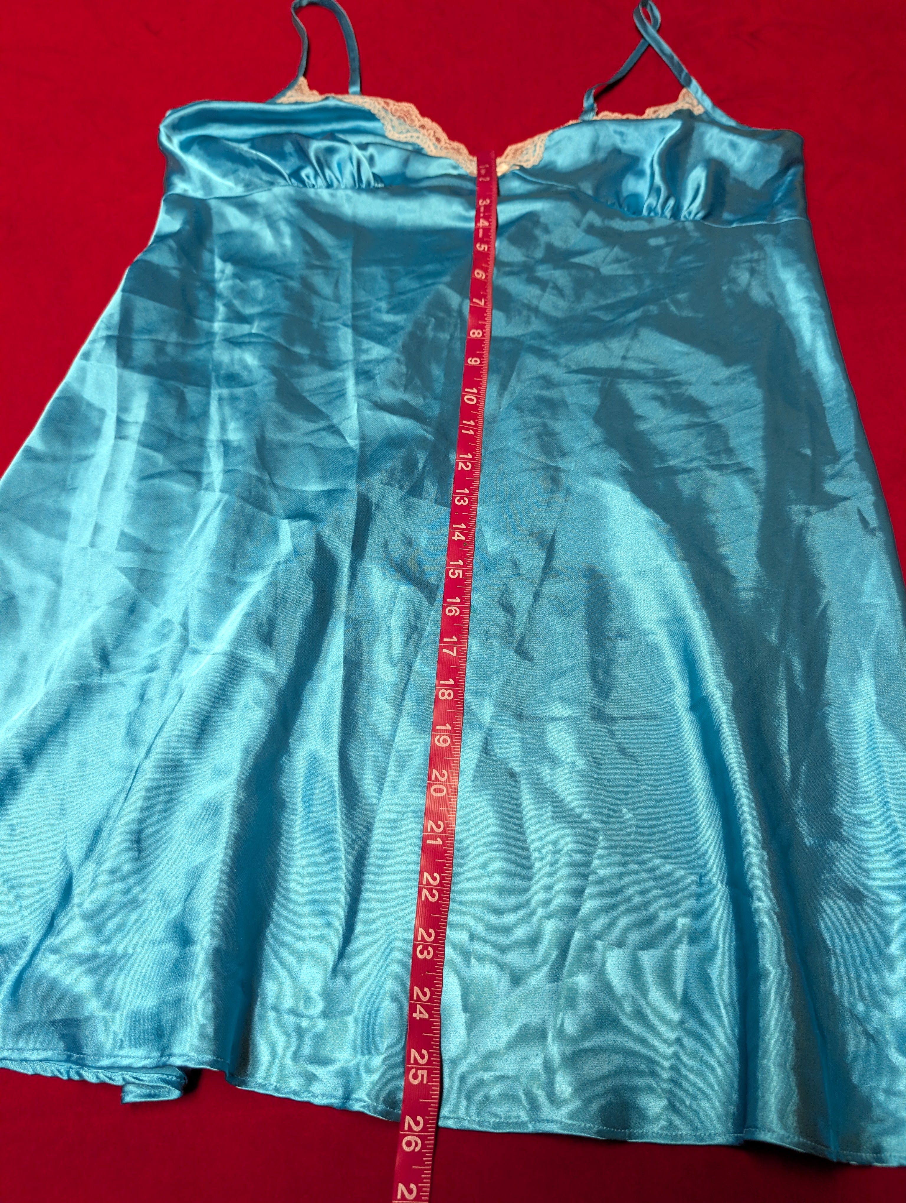 Ocean Blue Satin Lace Trim Mini Slip Dress in XL