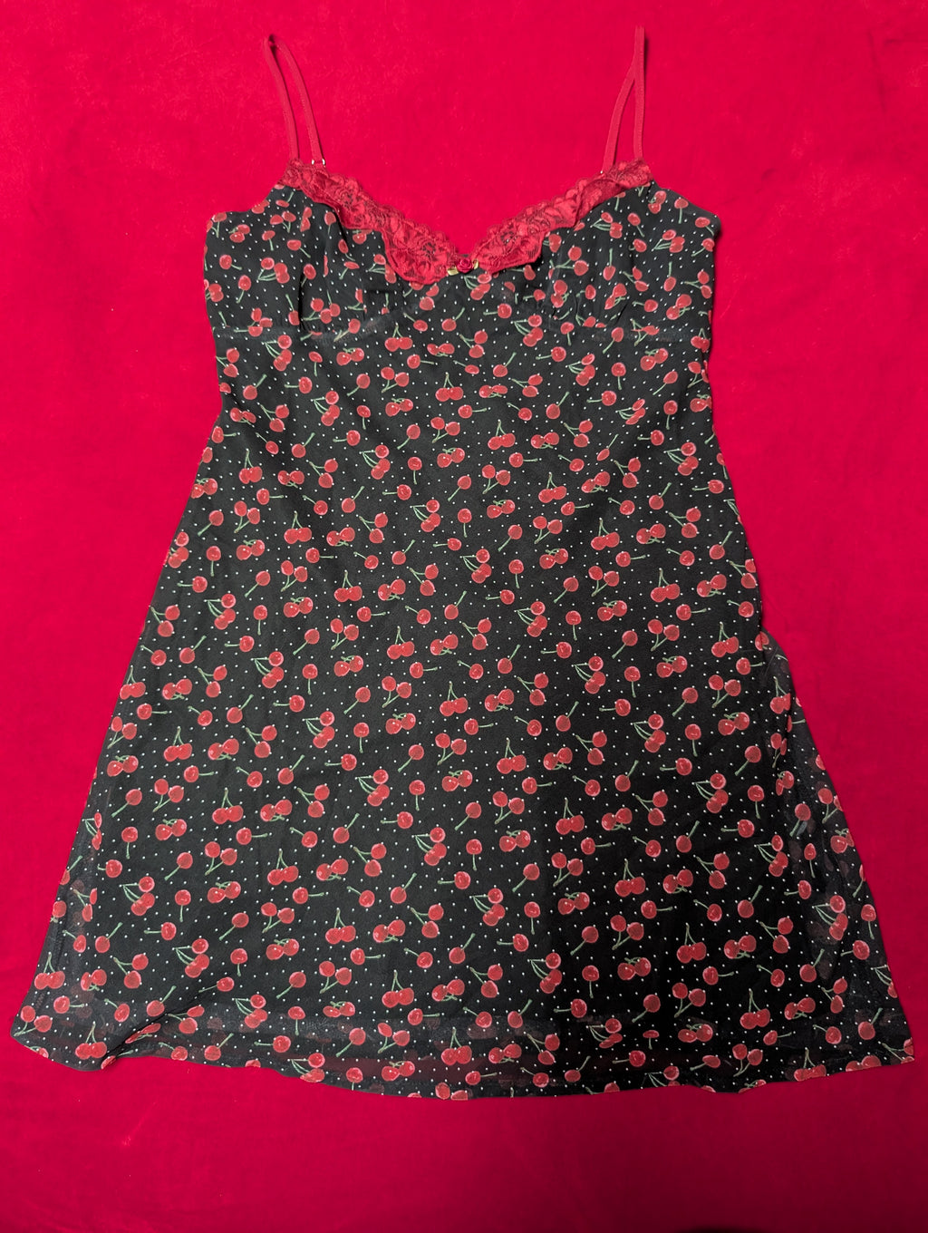 Cherries & Lace Babydoll Chemise Slip Dress in Large