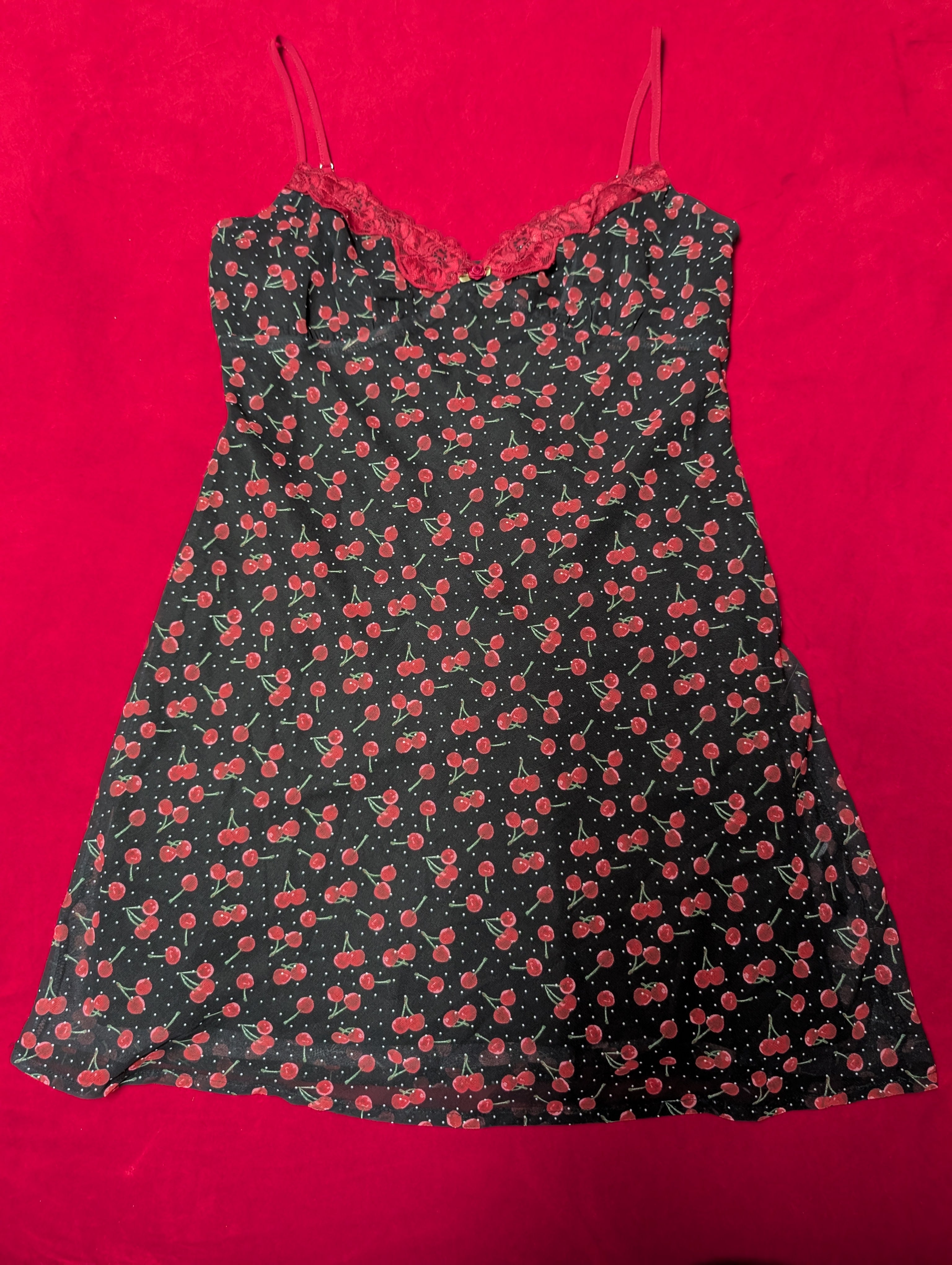 Cherries & Lace Babydoll Chemise Slip Dress in Large