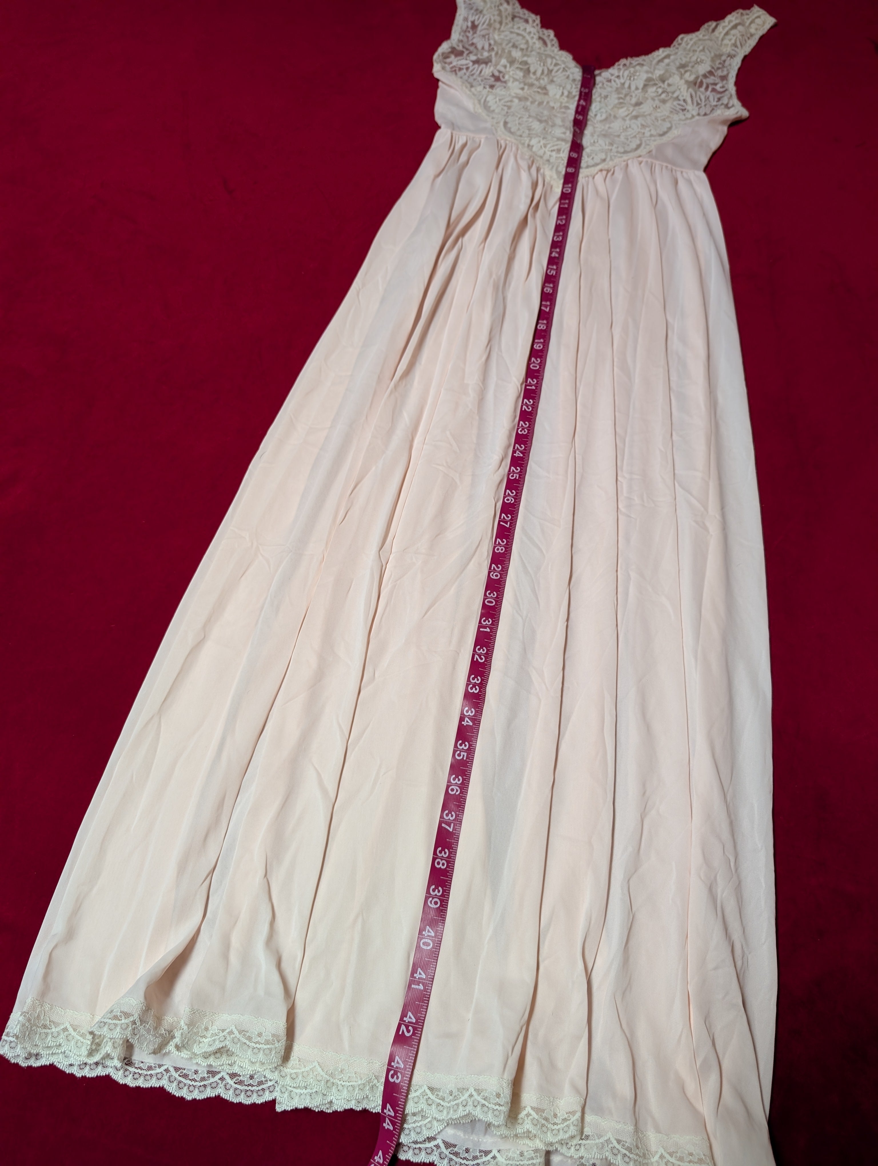 Vintage Miss Elaine Peach Pink Lace Nylon Maxi Nightgown size Small