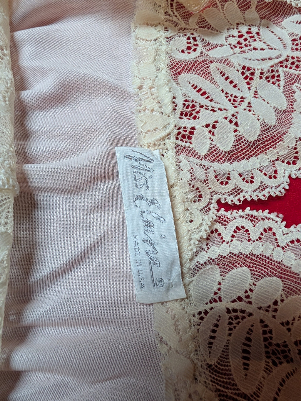 Vintage Miss Elaine Peach Pink Lace Nylon Maxi Nightgown size Small
