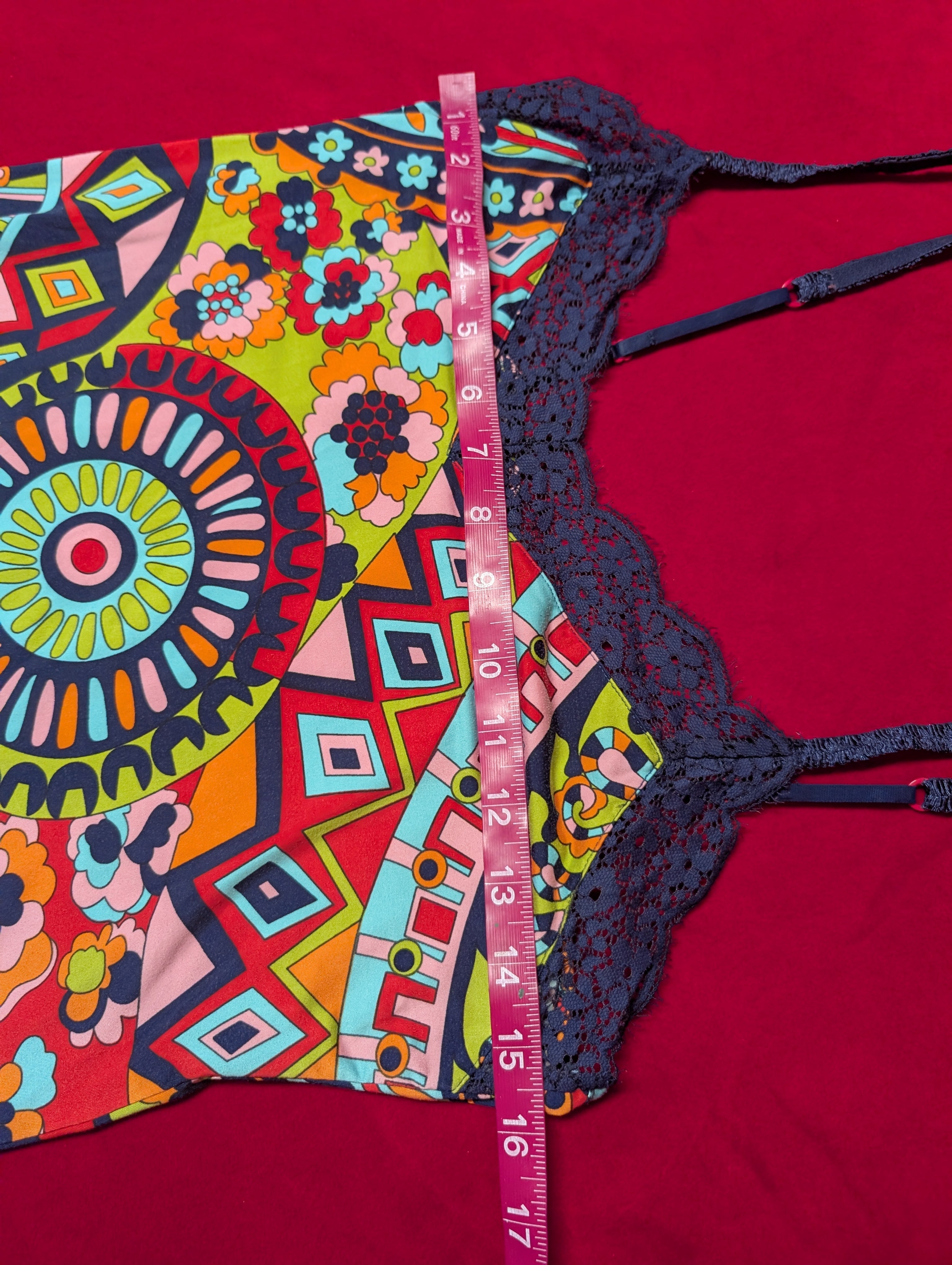 Y2K Retro Kaleidoscope Paisley Soft Stretchy Slip Chemise Navy Orange Red size Small