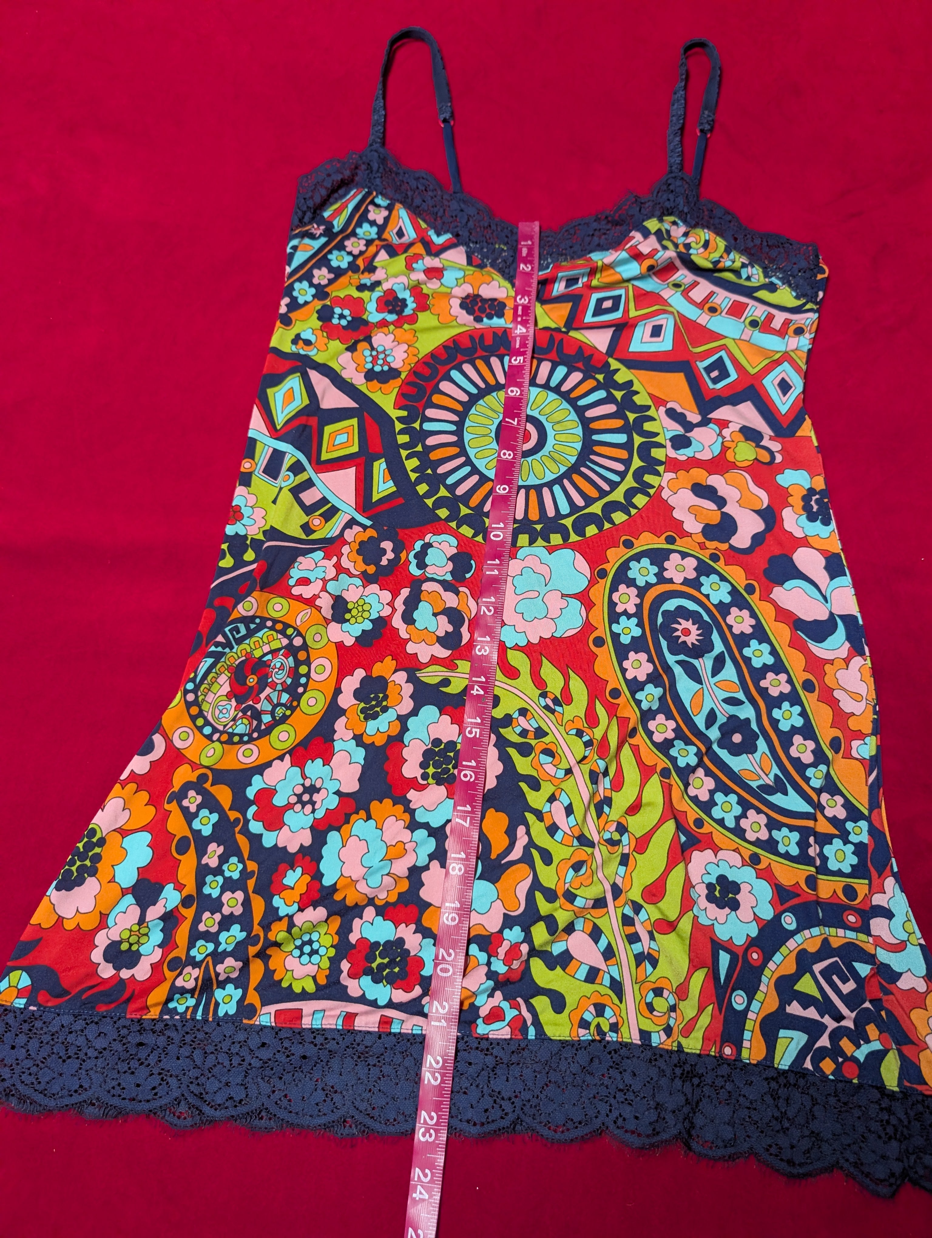 Y2K Retro Kaleidoscope Paisley Soft Stretchy Slip Chemise Navy Orange Red size Small