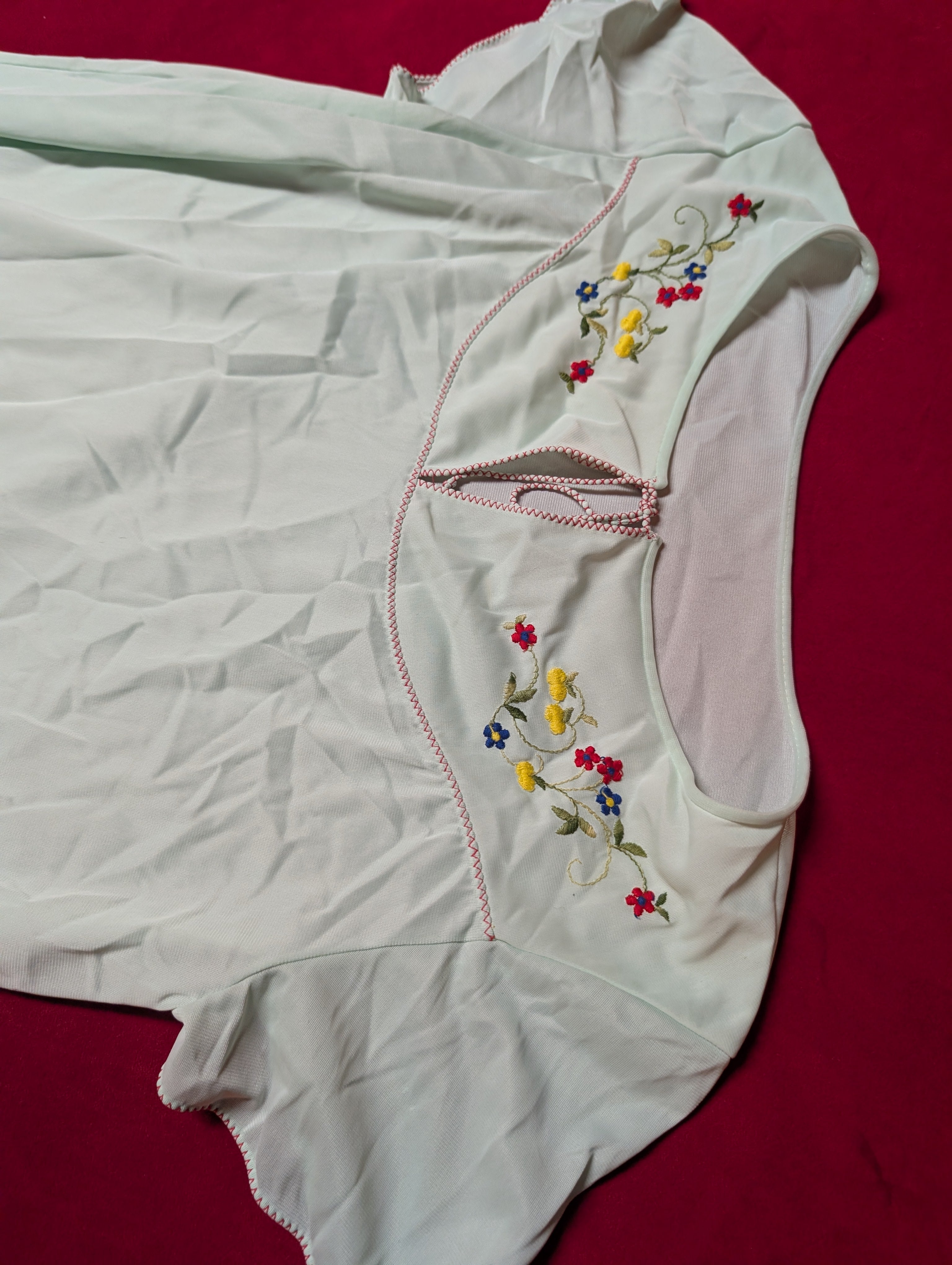 Vintage 1970s Lorraine Mint Green Nylon Nightgown Folk Embroidered with Picot Trim Cottagecore size Medium
