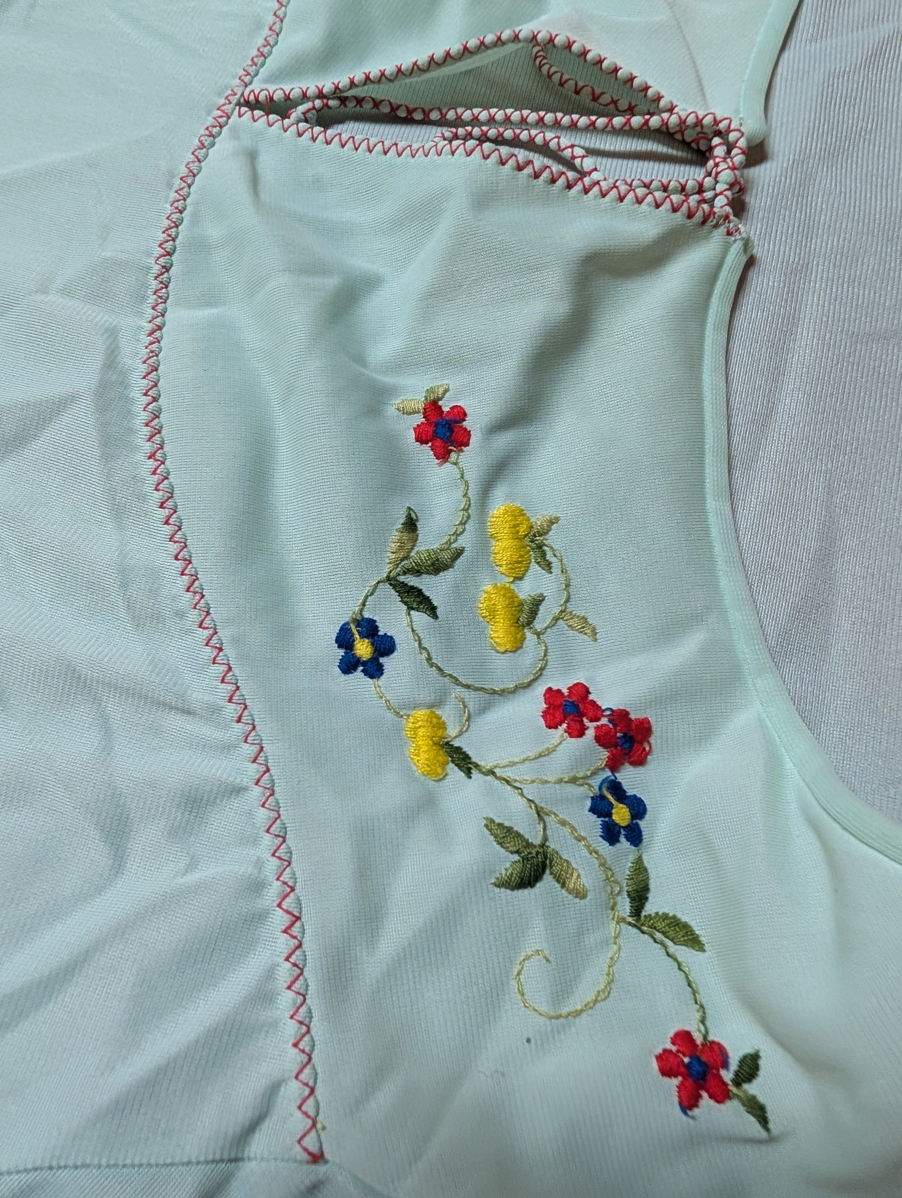 Vintage 1970s Lorraine Mint Green Nylon Nightgown Folk Embroidered with Picot Trim Cottagecore size Medium