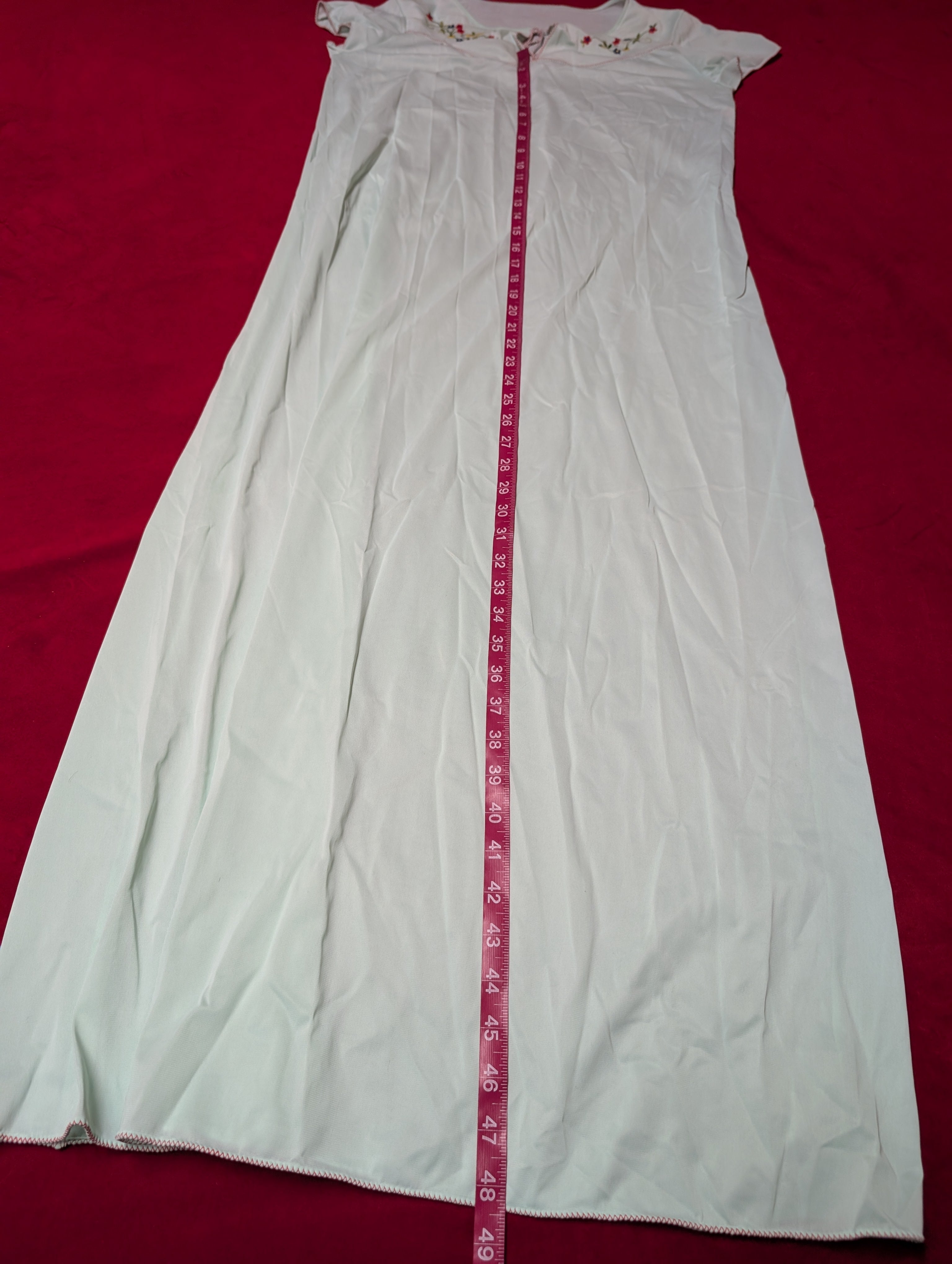 Vintage 1970s Lorraine Mint Green Nylon Nightgown Folk Embroidered with Picot Trim Cottagecore size Medium