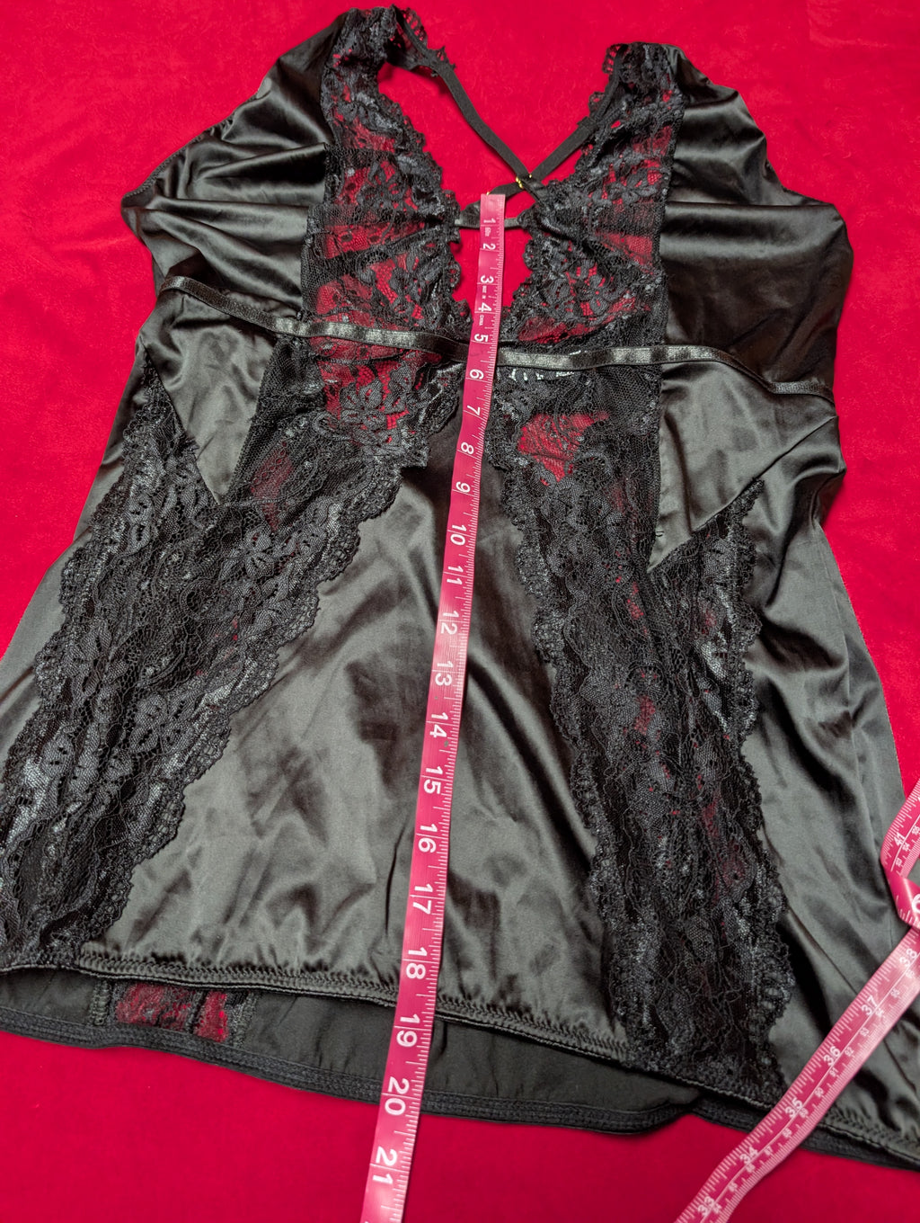 Black Satin & Lace Strappy Short Fitted Babydoll Slip Dress in Large