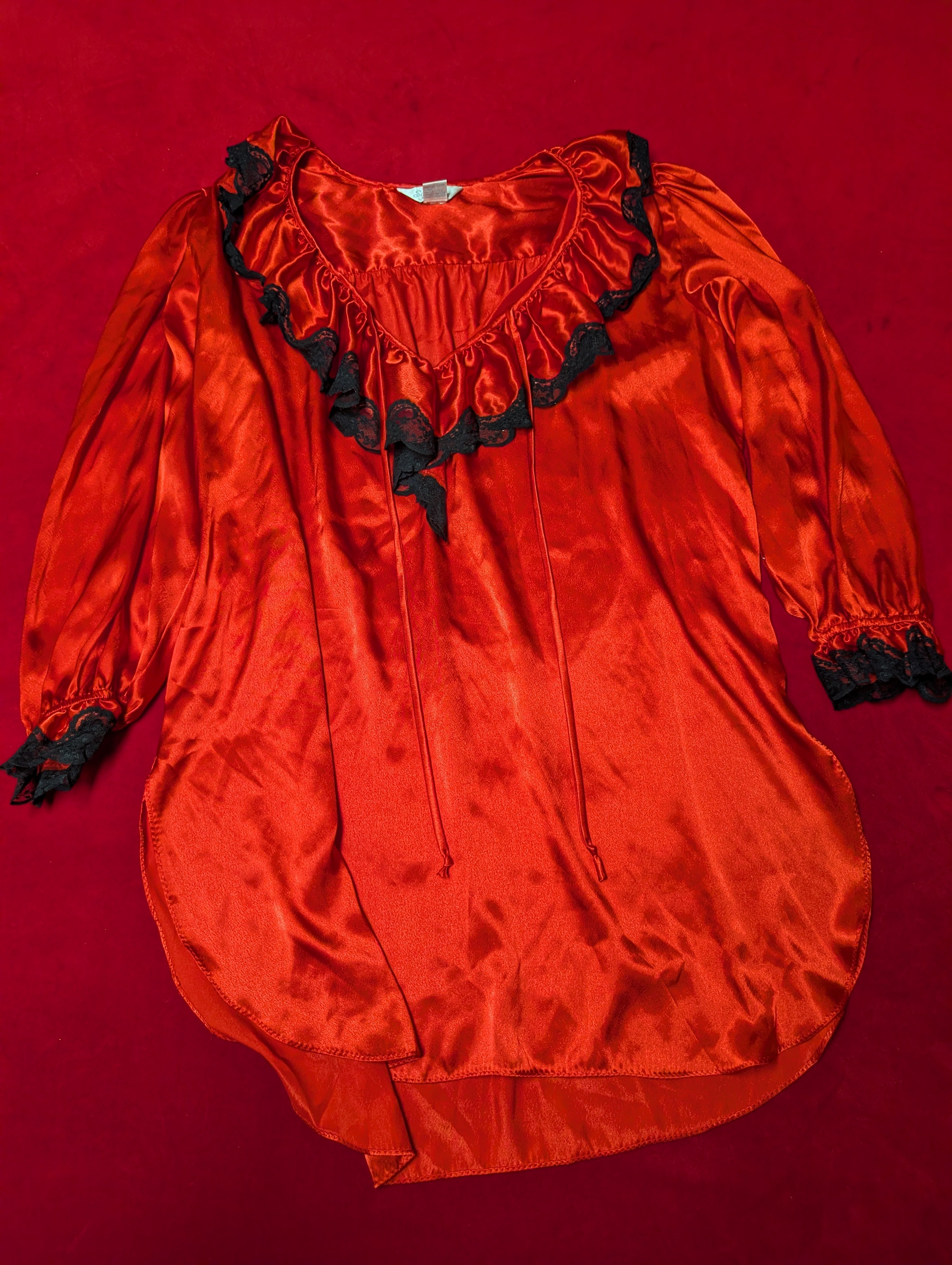 Vintage 1980s Sabrina Red Satin & Black Lace Edwardian Jabot Nightgown Victorian Ruffle Poet Sleeve Vampire Boudoir sized Large