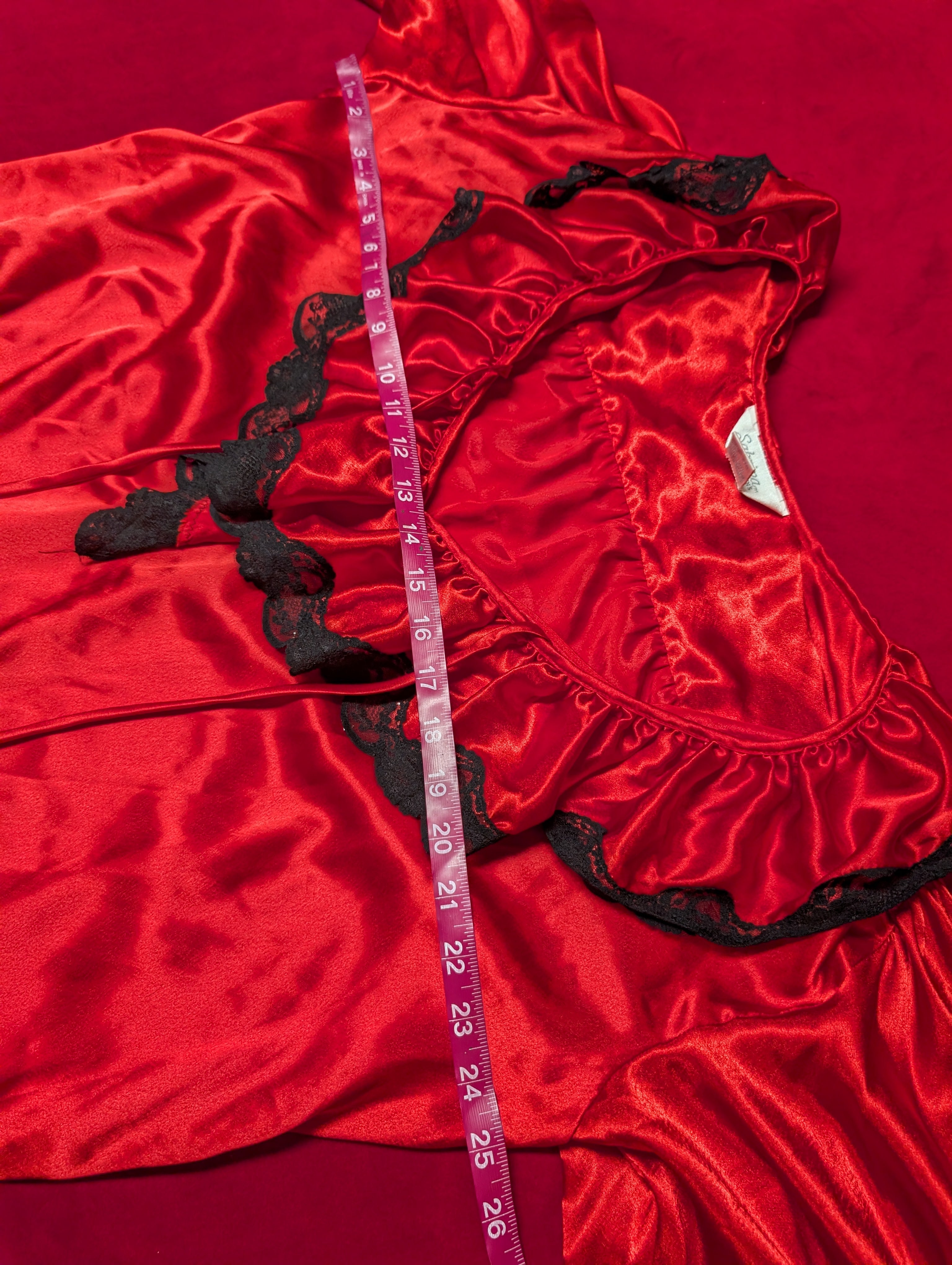 Vintage 1980s Sabrina Red Satin & Black Lace Edwardian Jabot Nightgown Victorian Ruffle Poet Sleeve Vampire Boudoir sized Large