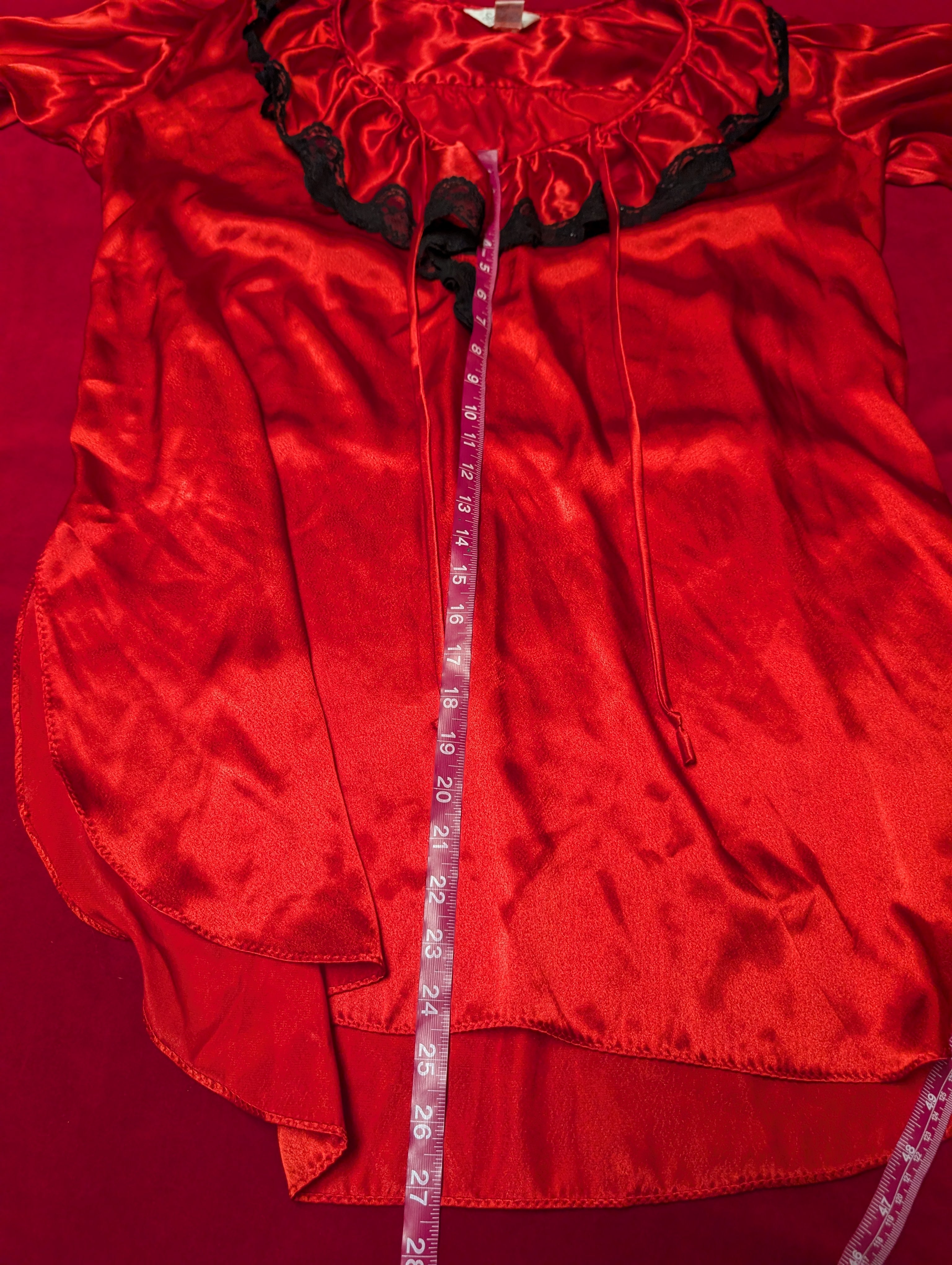 Vintage 1980s Sabrina Red Satin & Black Lace Edwardian Jabot Nightgown Victorian Ruffle Poet Sleeve Vampire Boudoir sized Large