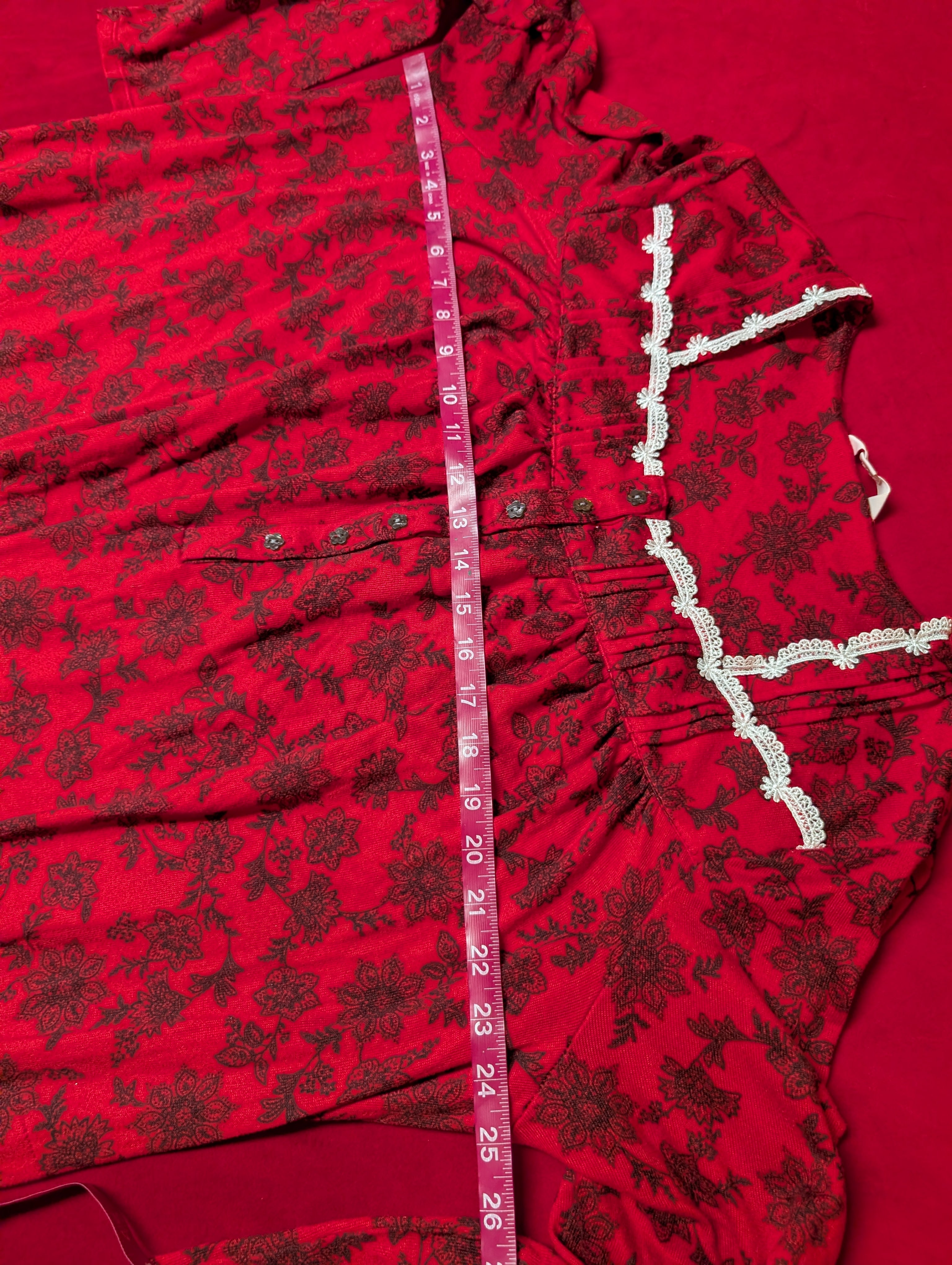 Retro Comfortable Red & Black Floral Long Nightgown with Buttons size 2XL