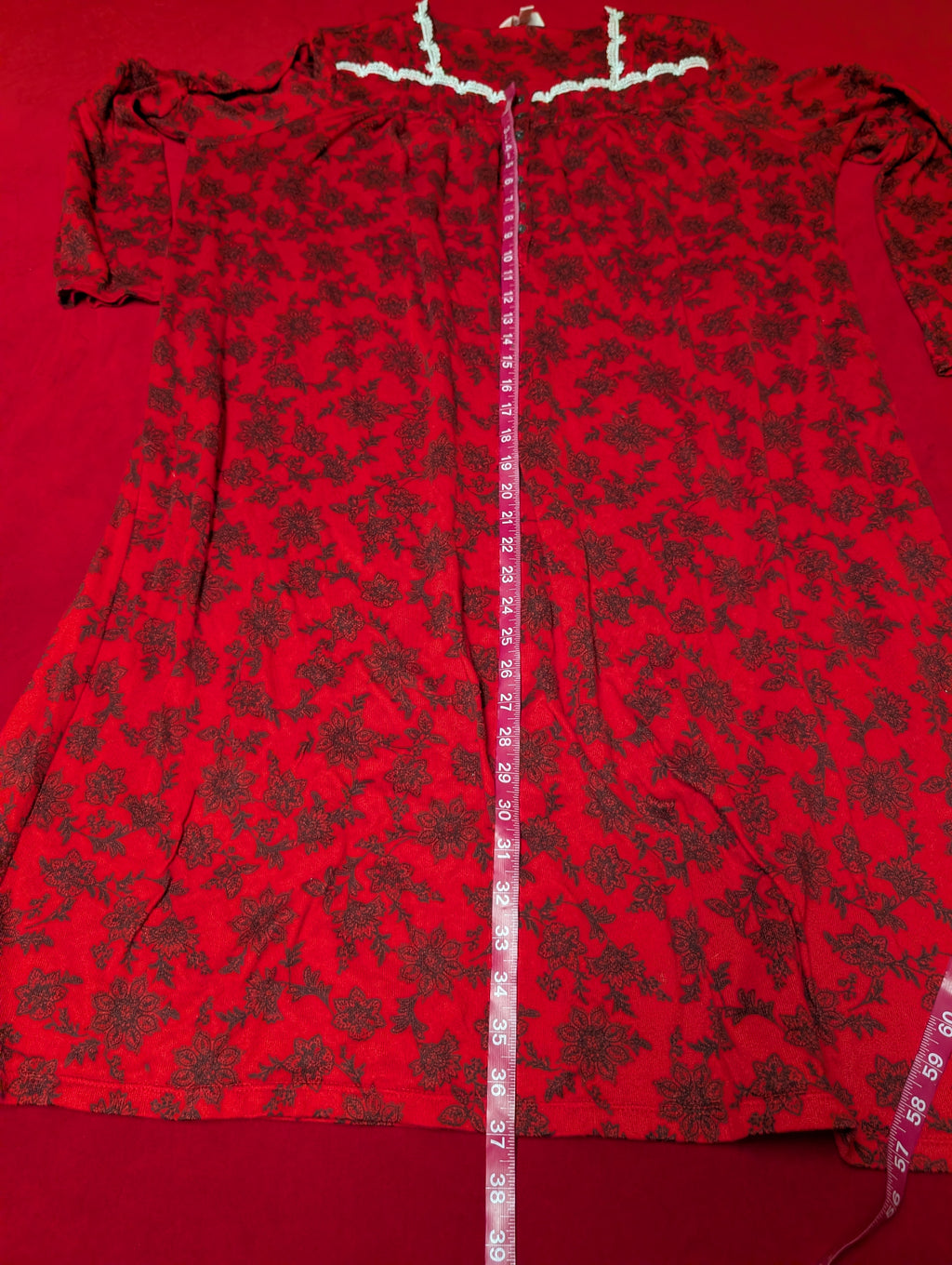 Retro Comfortable Red & Black Floral Long Nightgown with Buttons size 2XL