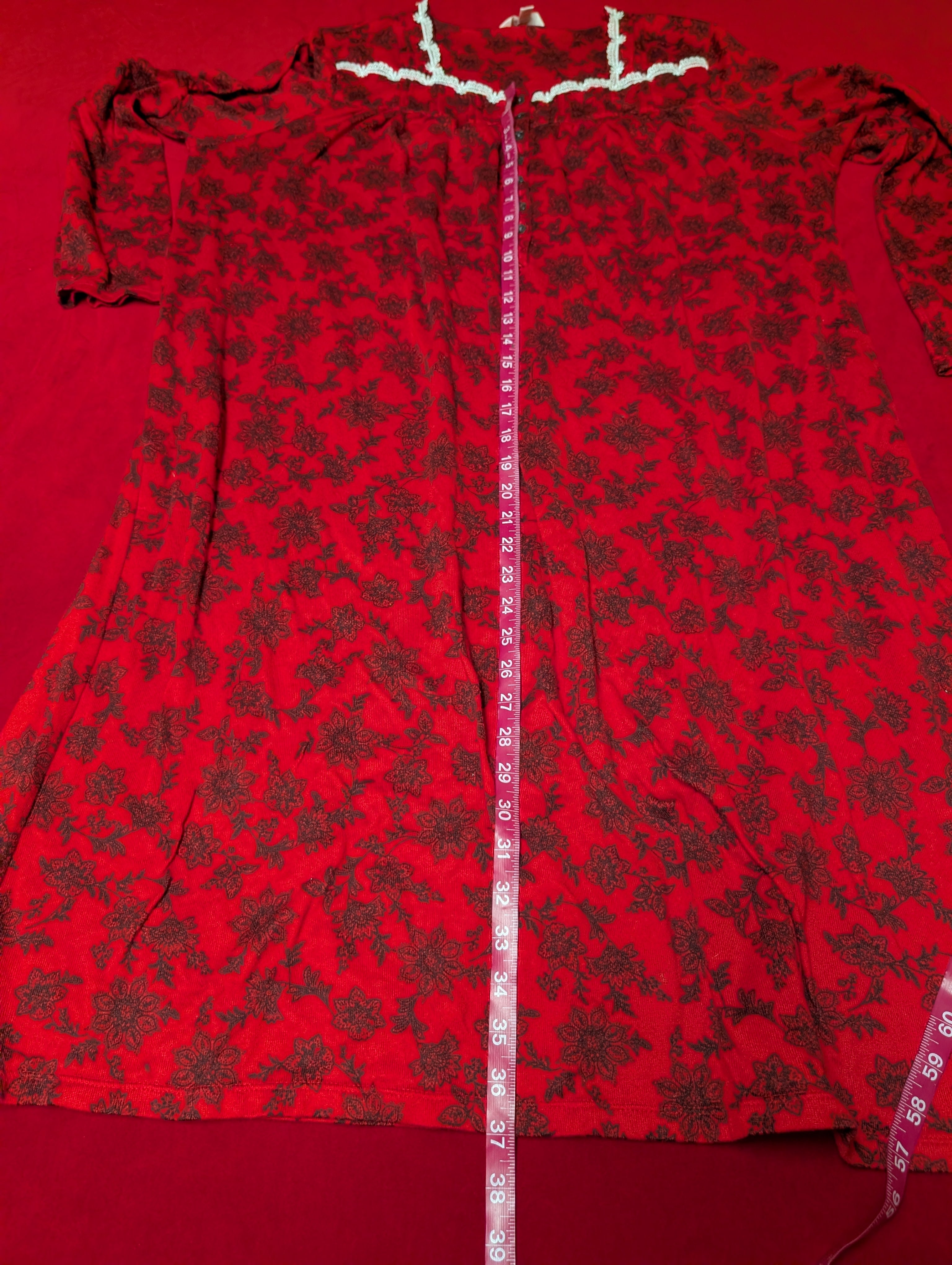 Retro Comfortable Red & Black Floral Long Nightgown with Buttons size 2XL