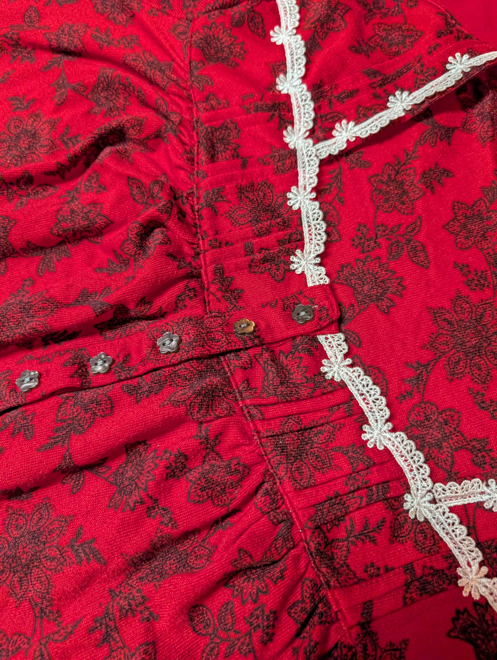 Retro Comfortable Red & Black Floral Long Nightgown with Buttons size 2XL