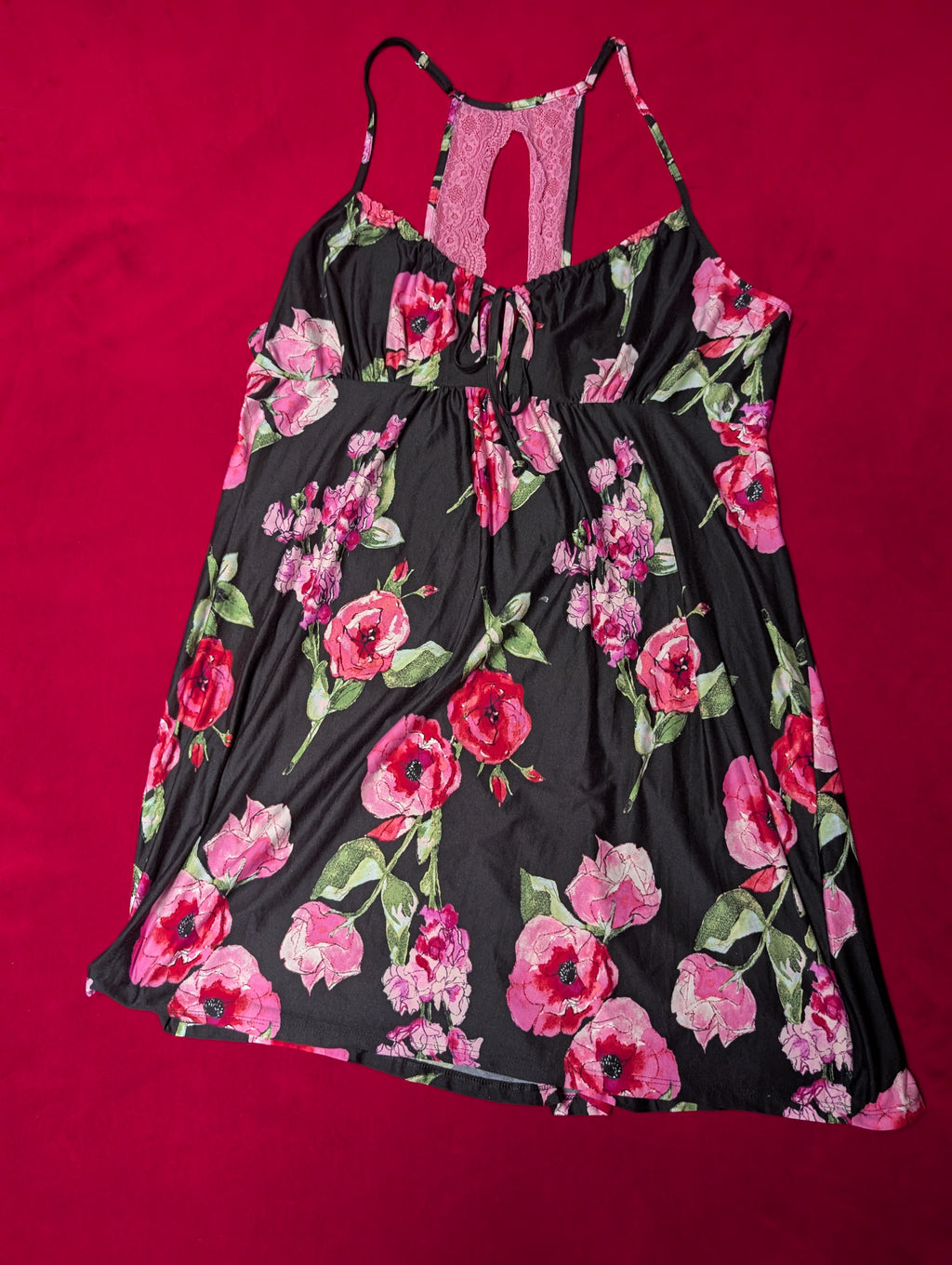 Super Soft Stretch Racerback Babydoll Chemise Black & Pink Roses size 3XL