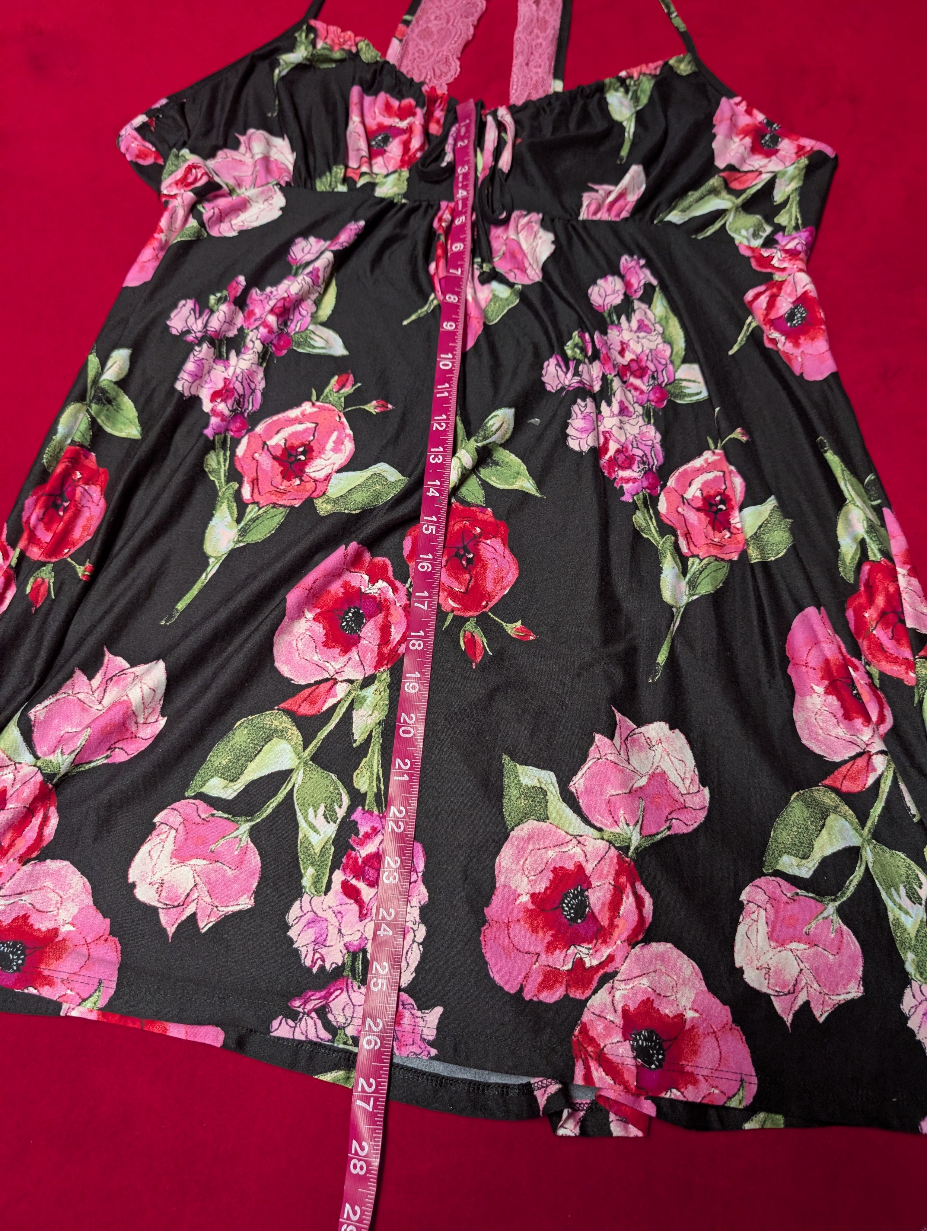 Super Soft Stretch Racerback Babydoll Chemise Black & Pink Roses size 3XL