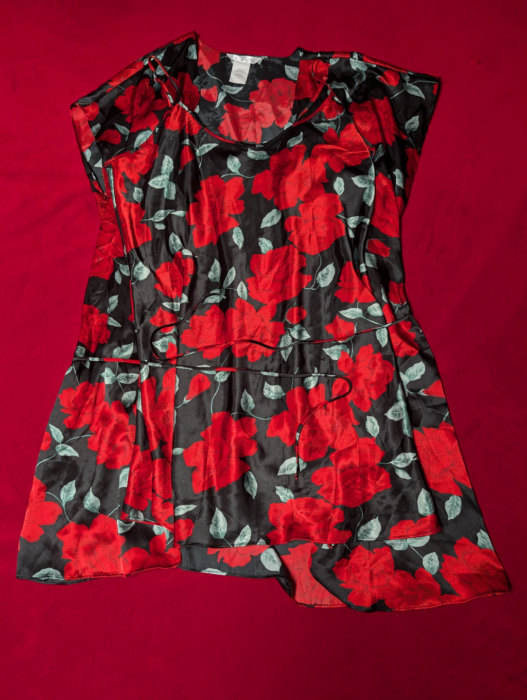 Black & Red Roses Short Satin Slip Chemise & Robe with Tie Lingerie Set size 2XL