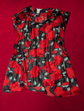 Black & Red Roses Short Satin Slip Chemise & Robe with Tie Lingerie Set size 2XL