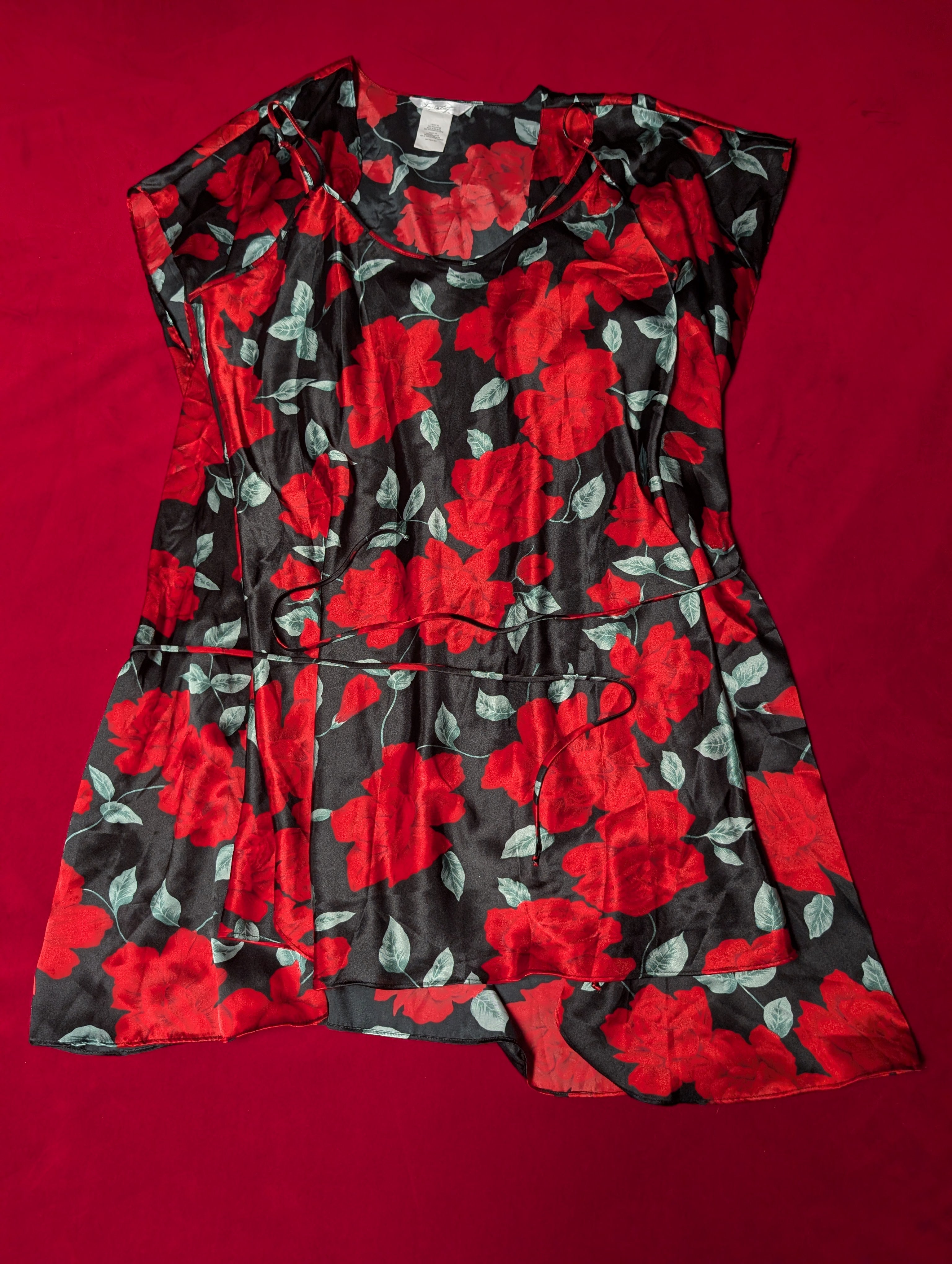 Black & Red Roses Short Satin Slip Chemise & Robe with Tie Lingerie Set size 2XL