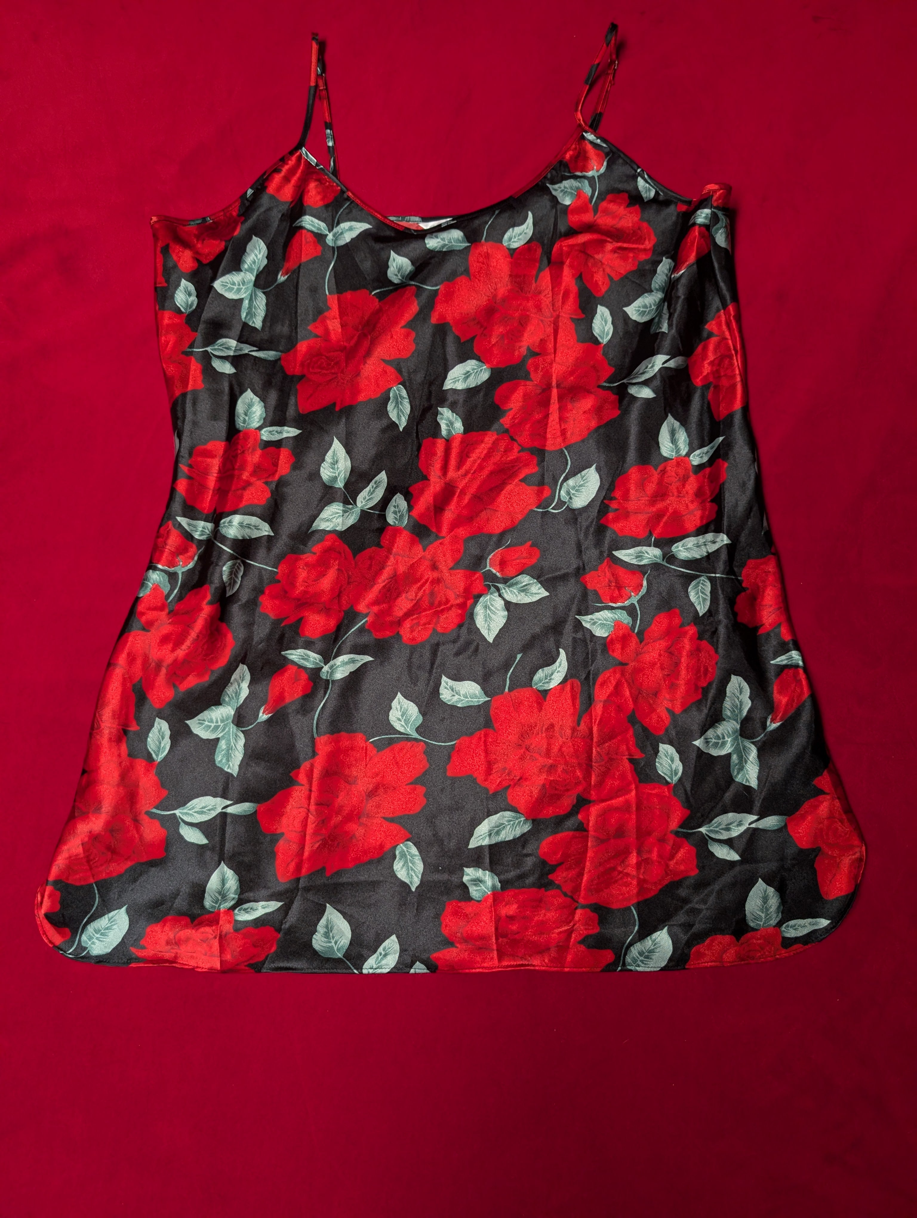 Black & Red Roses Short Satin Slip Chemise & Robe with Tie Lingerie Set size 2XL
