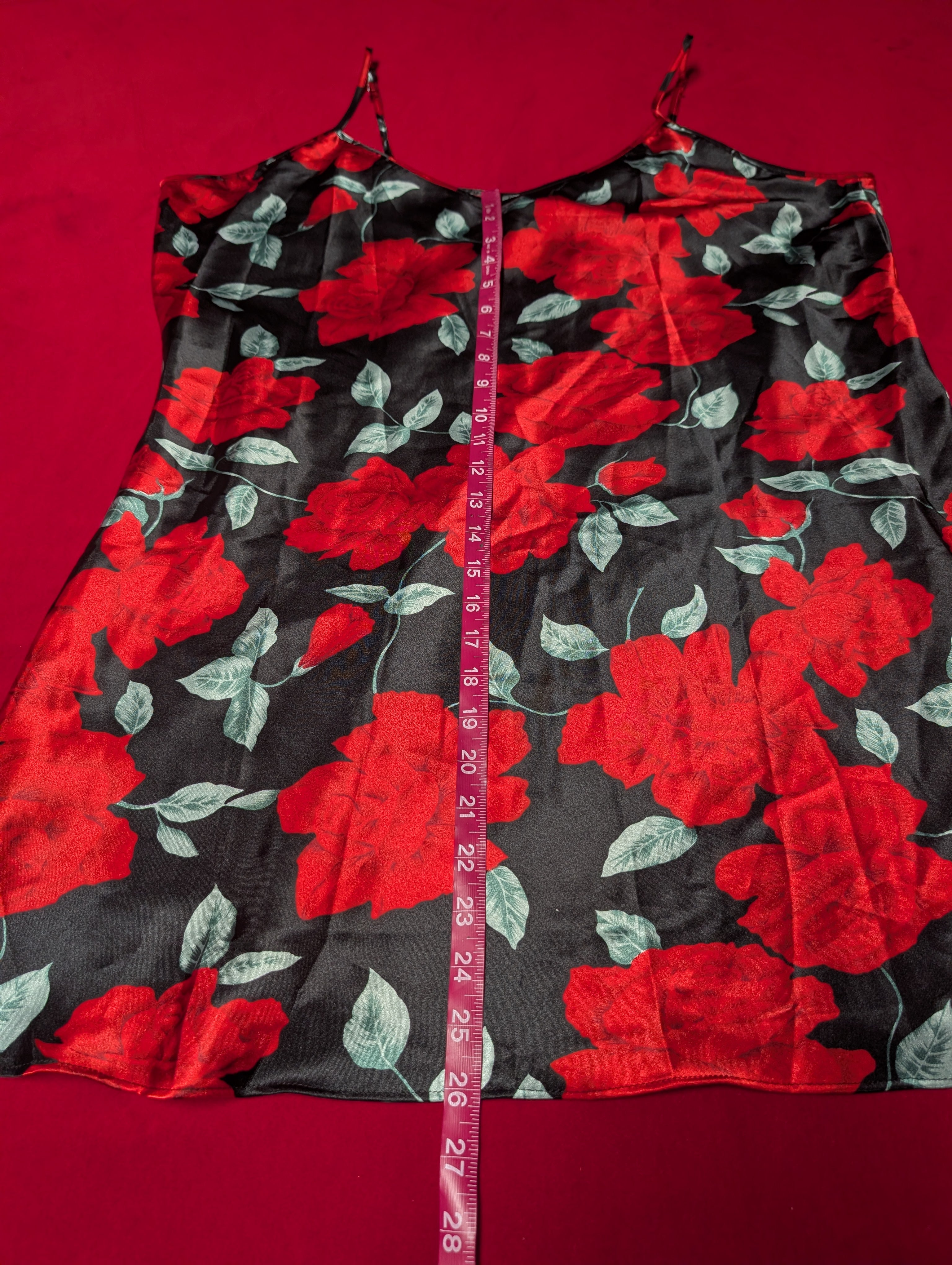 Black & Red Roses Short Satin Slip Chemise & Robe with Tie Lingerie Set size 2XL