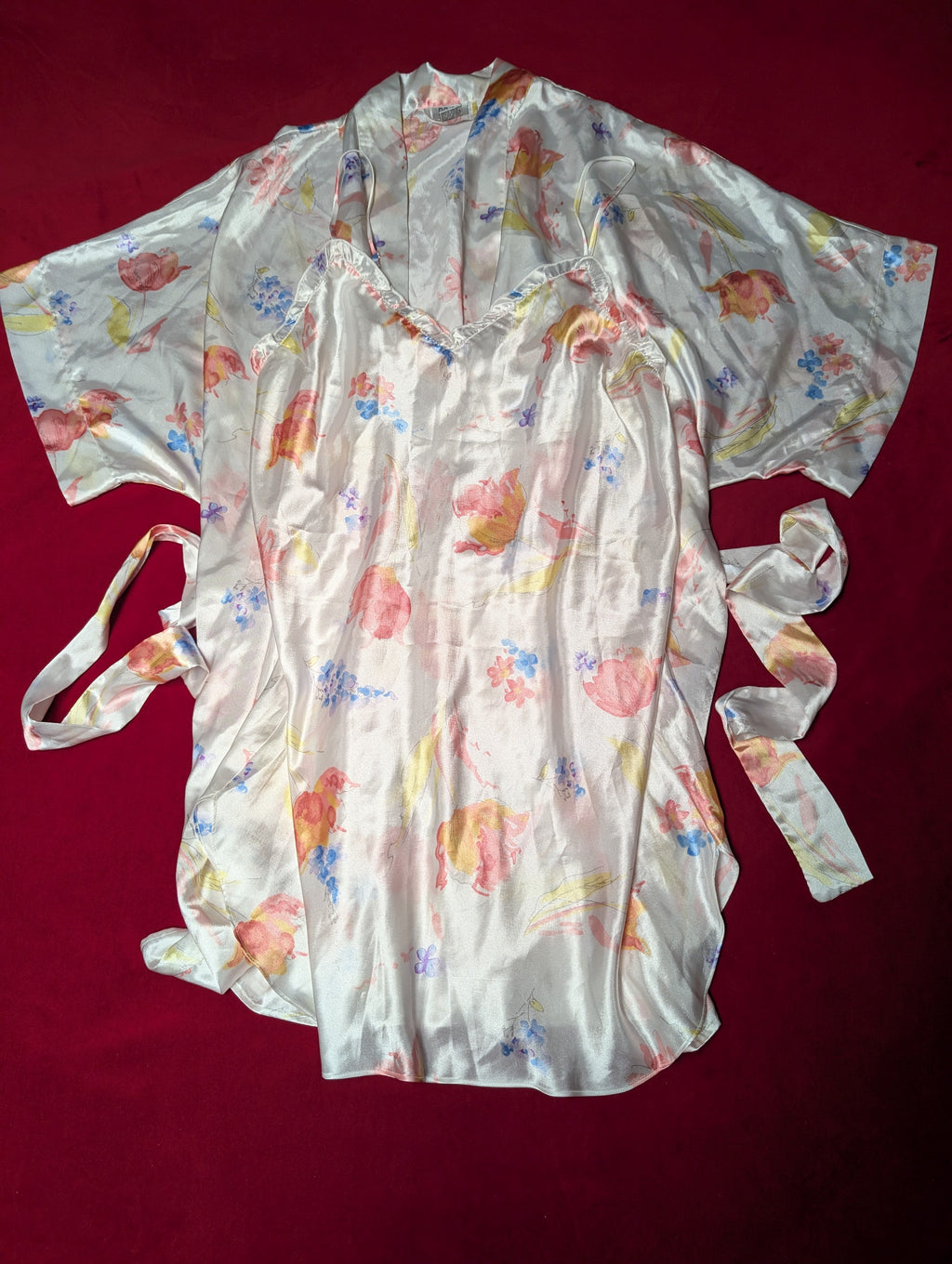 White Peach & Blue Floral Satin Slip Chemise & Robe with Sash Lingerie Set size 1X