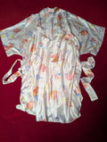 White Peach & Blue Floral Satin Slip Chemise & Robe with Sash Lingerie Set size 1X