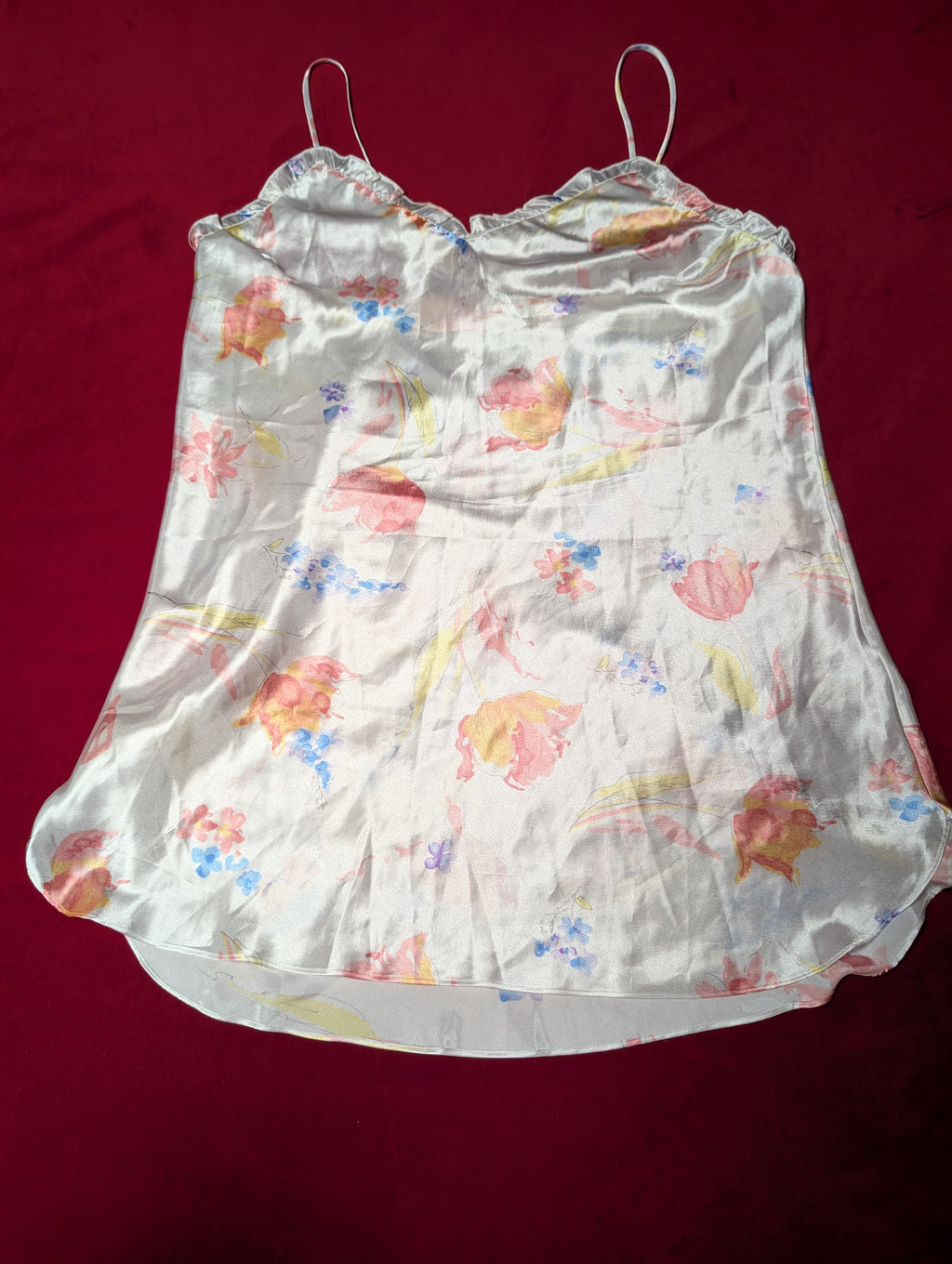 White Peach & Blue Floral Satin Slip Chemise & Robe with Sash Lingerie Set size 1X