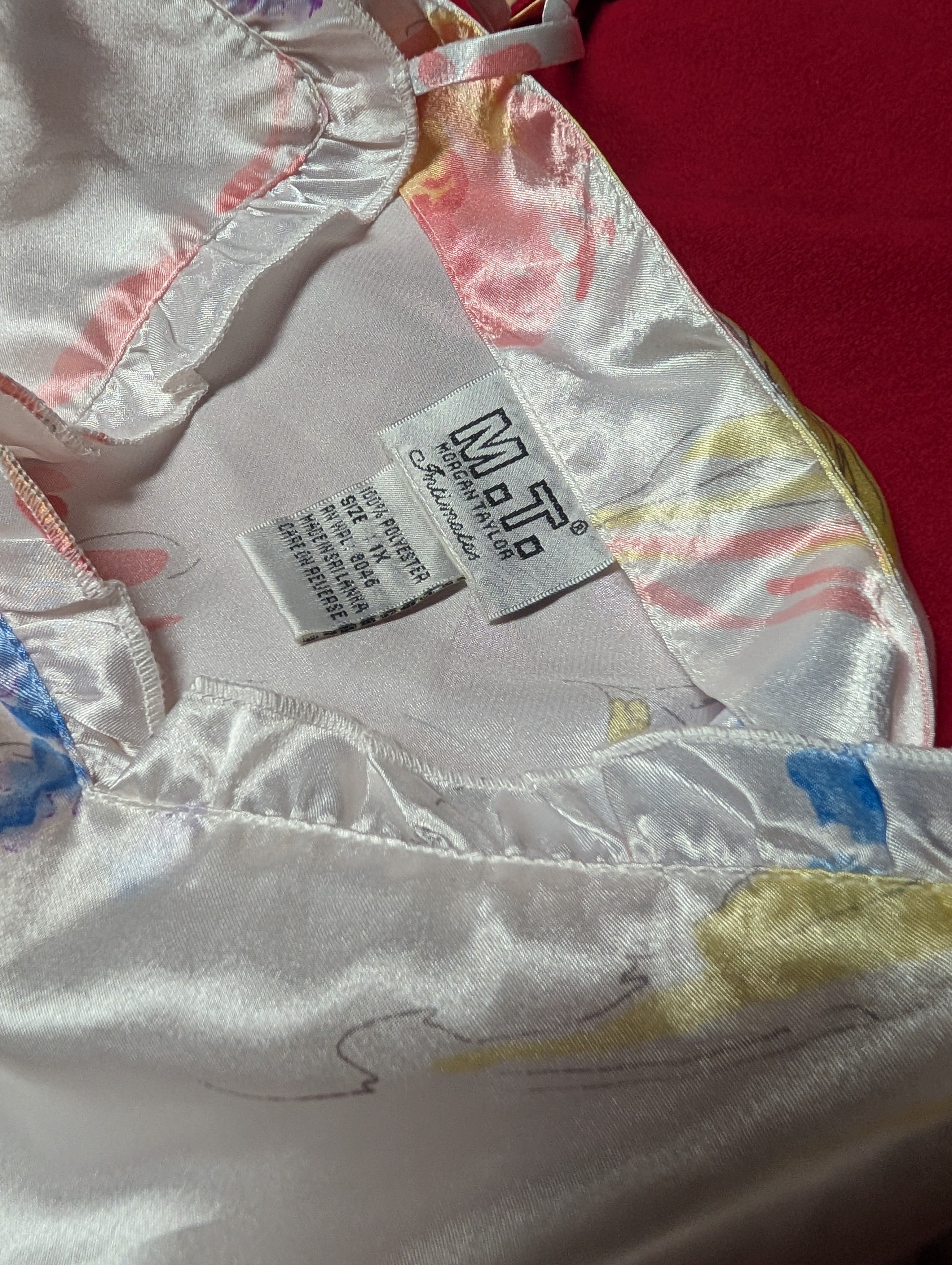 White Peach & Blue Floral Satin Slip Chemise & Robe with Sash Lingerie Set size 1X