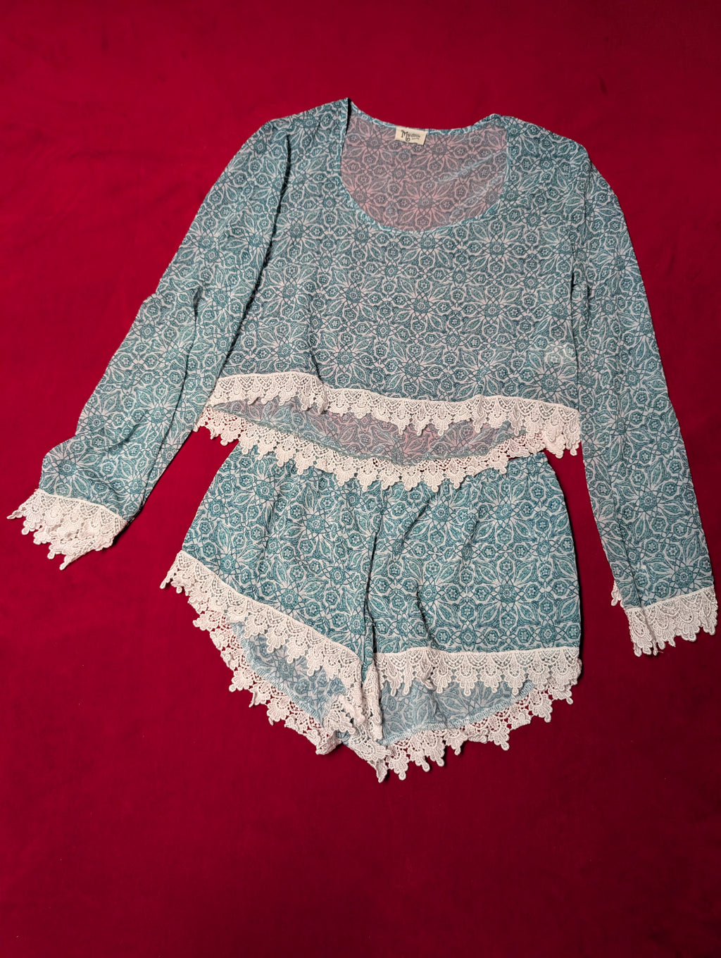 Retro Kaleidoscope Blue Turquoise Long Sleeved & Tap Short Lounge Sleep Set size Medium