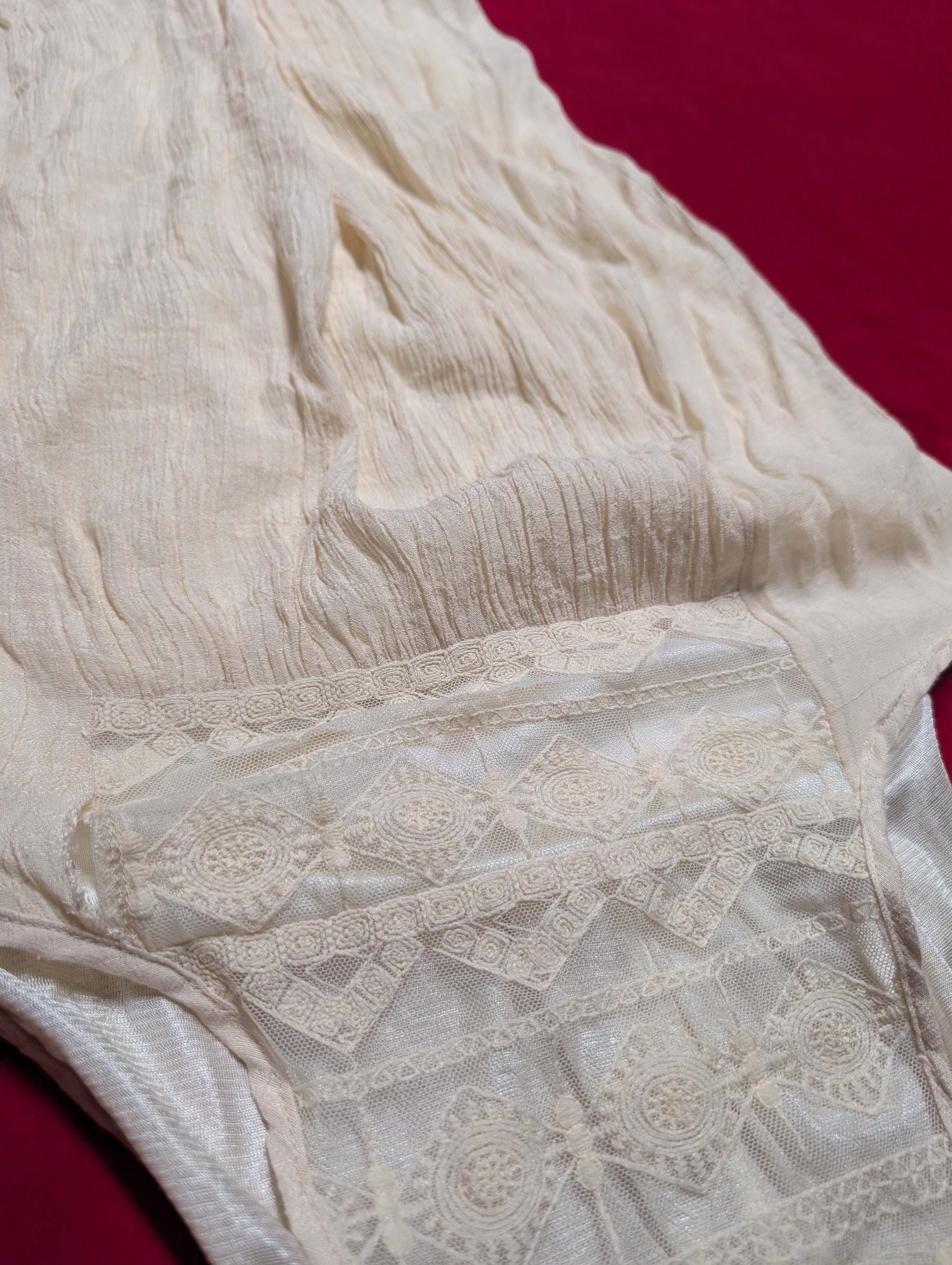 Silk Blend Linen Look Off White Cream Gauze Lace Trim Halter Neck Dress size Medium