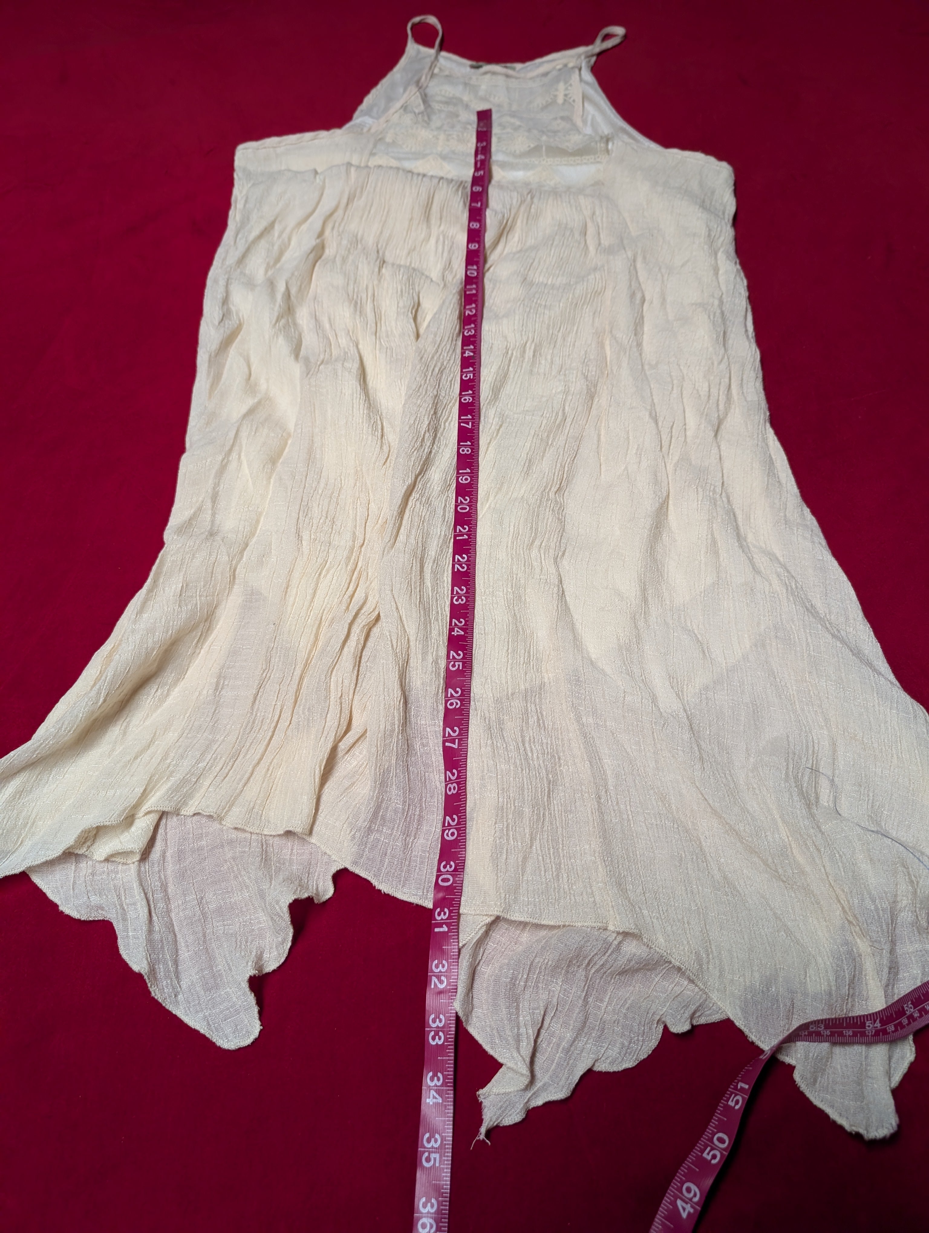 Silk Blend Linen Look Off White Cream Gauze Lace Trim Halter Neck Dress size Medium