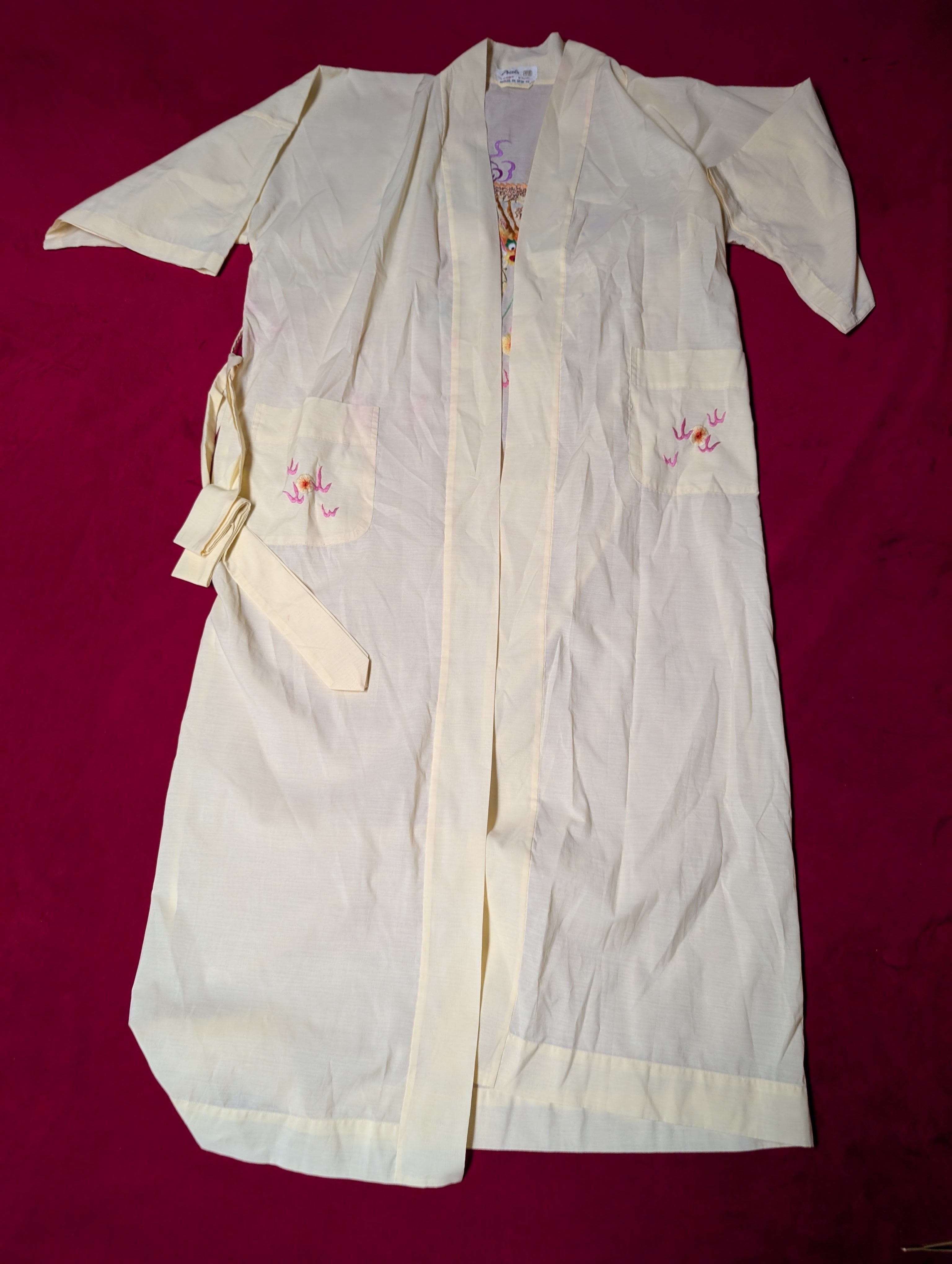 Dragon Embroidery Cotton Butter Yellow Cream Wrap Kimono Robe with Sash size Medium