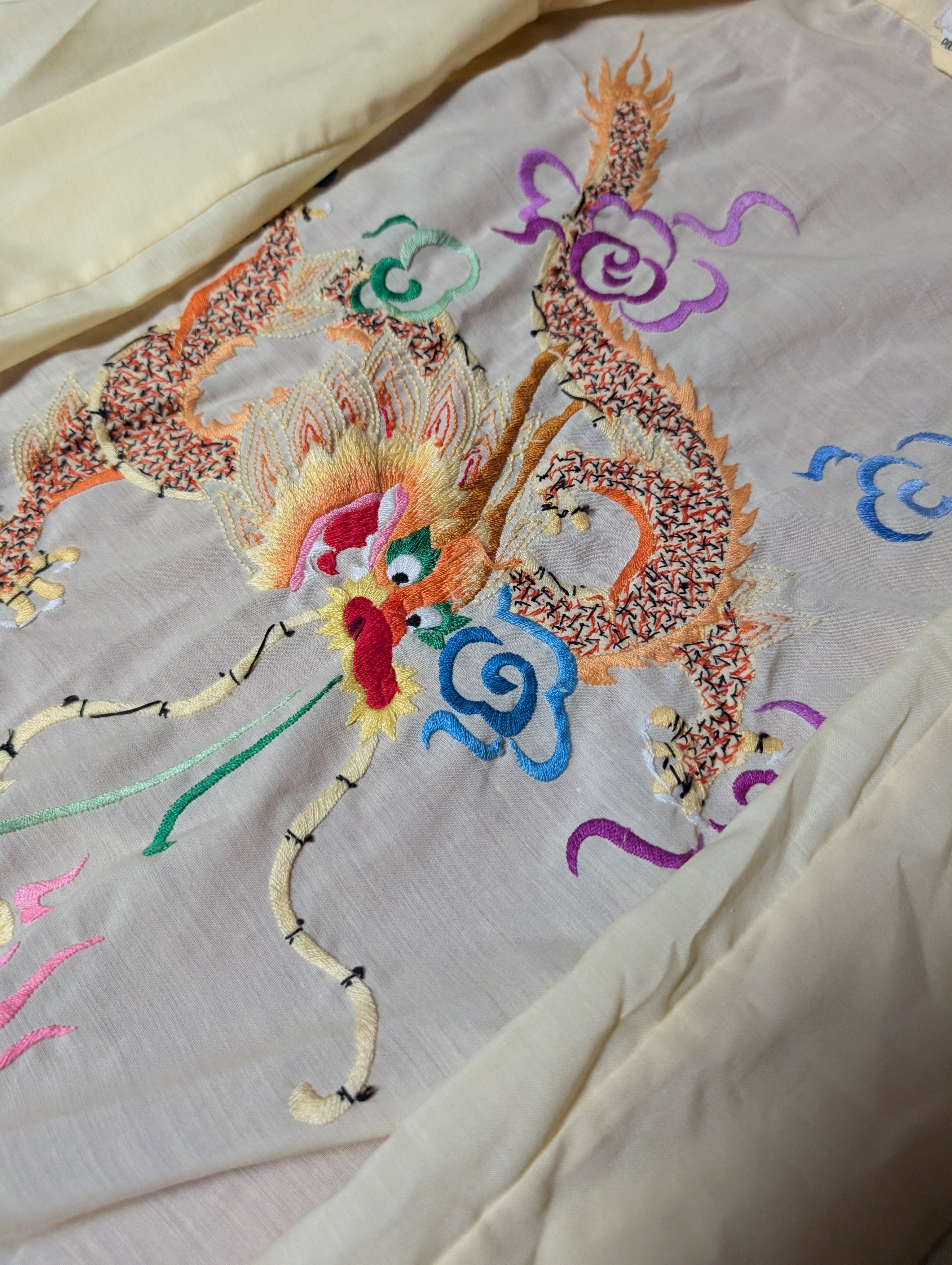 Dragon Embroidery Cotton Butter Yellow Cream Wrap Kimono Robe with Sash size Medium