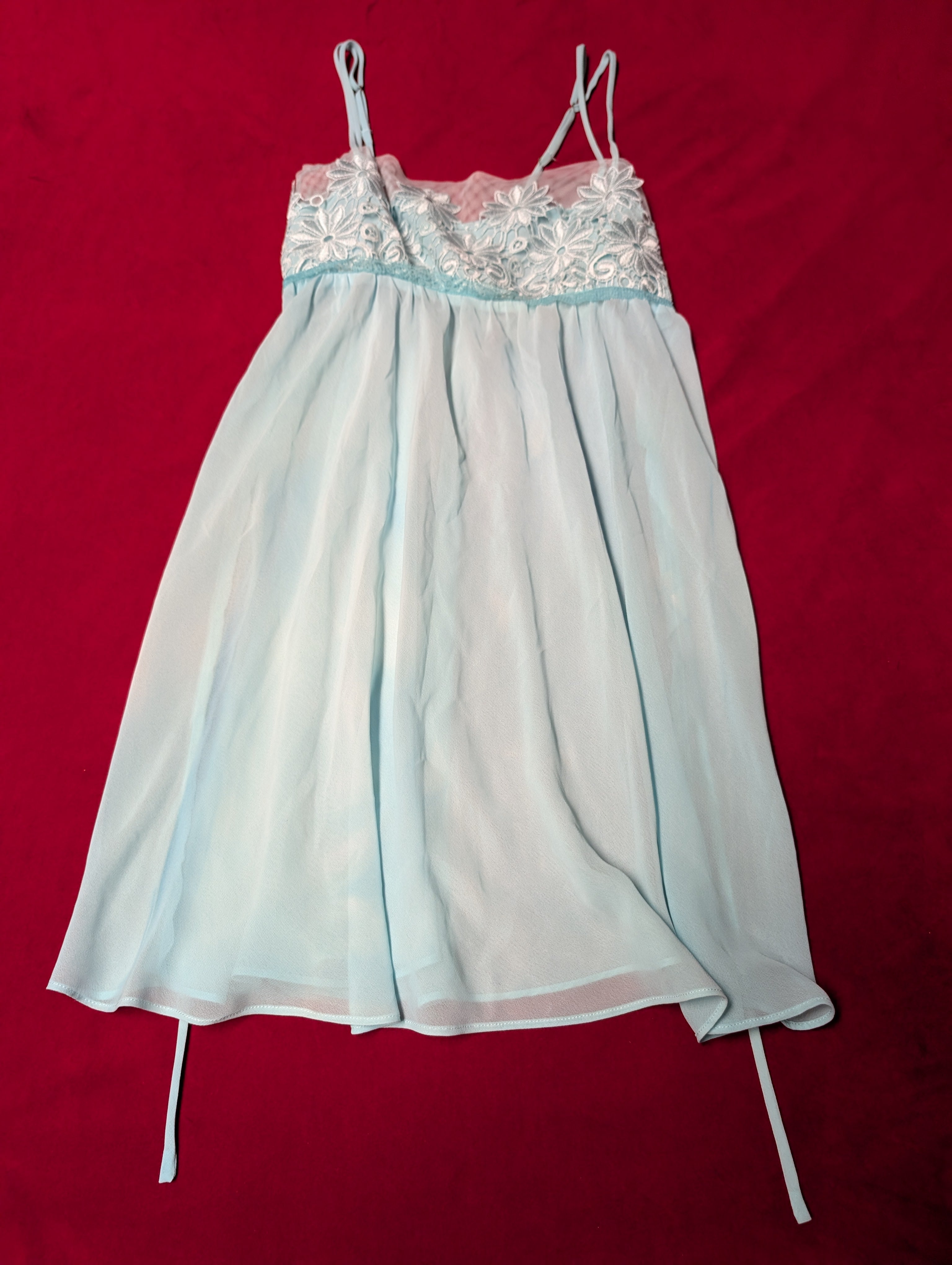 Delicate Floral Lace Tie Back Baby Blue Babydoll Chemise Dress size Small