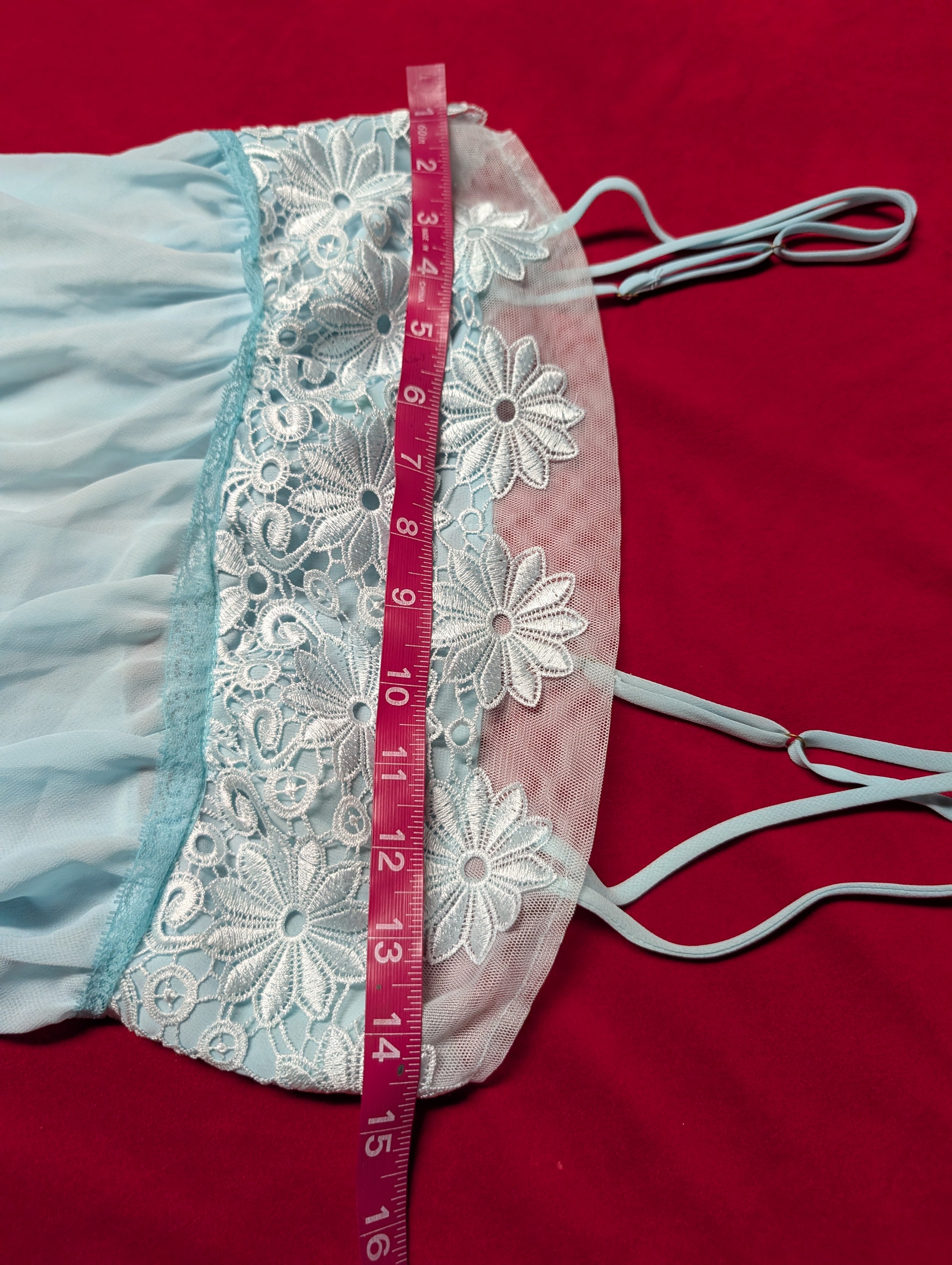 Delicate Floral Lace Tie Back Baby Blue Babydoll Chemise Dress size Small