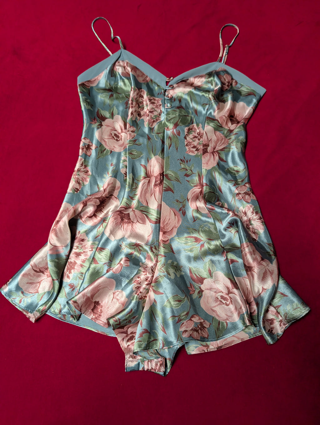 Cacique Beautiful Blue & Pink Floral Satin Slip Romper & Robe with Sash Set size Small