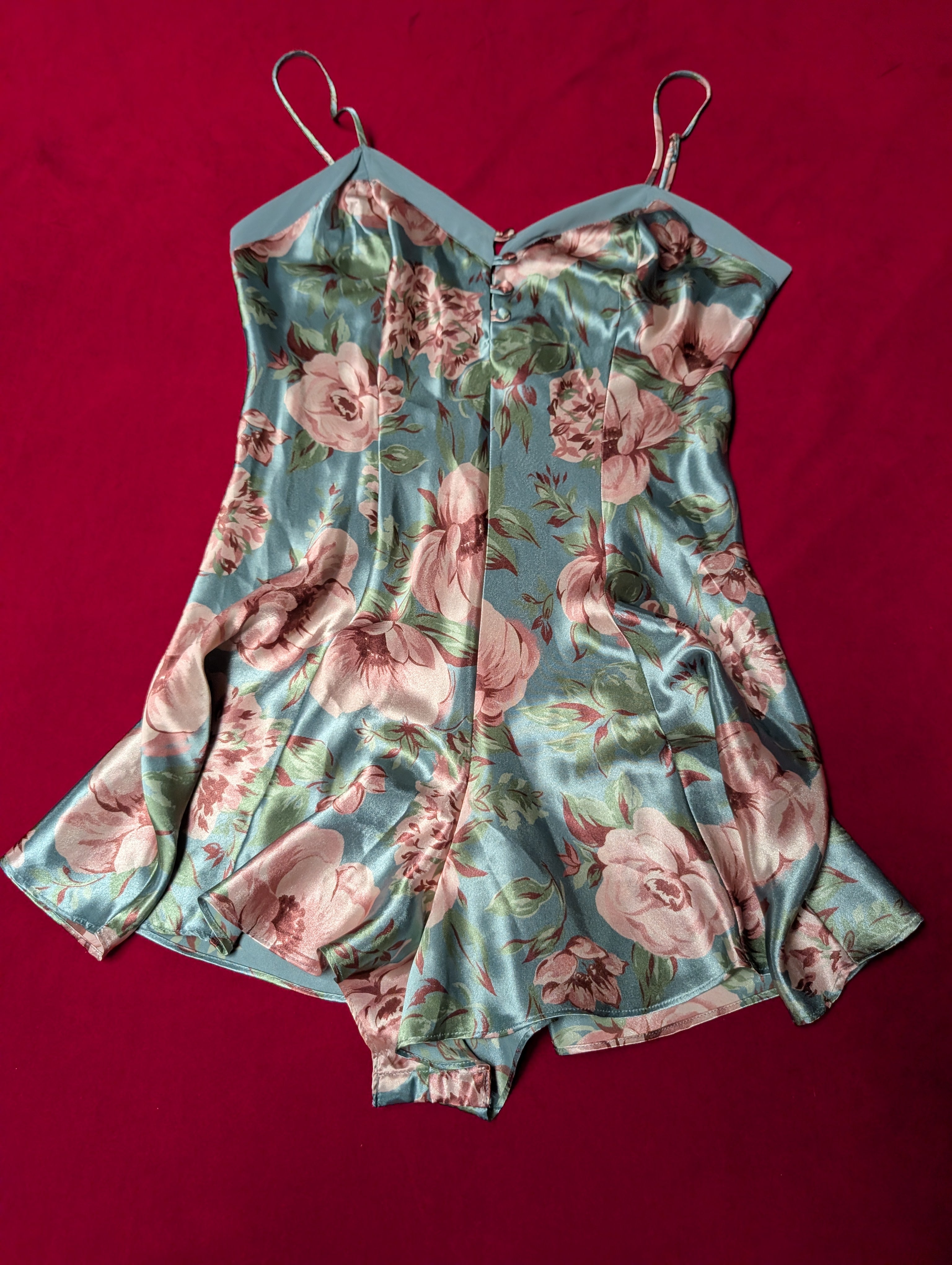Cacique Beautiful Blue & Pink Floral Satin Slip Romper & Robe with Sash Set size Small