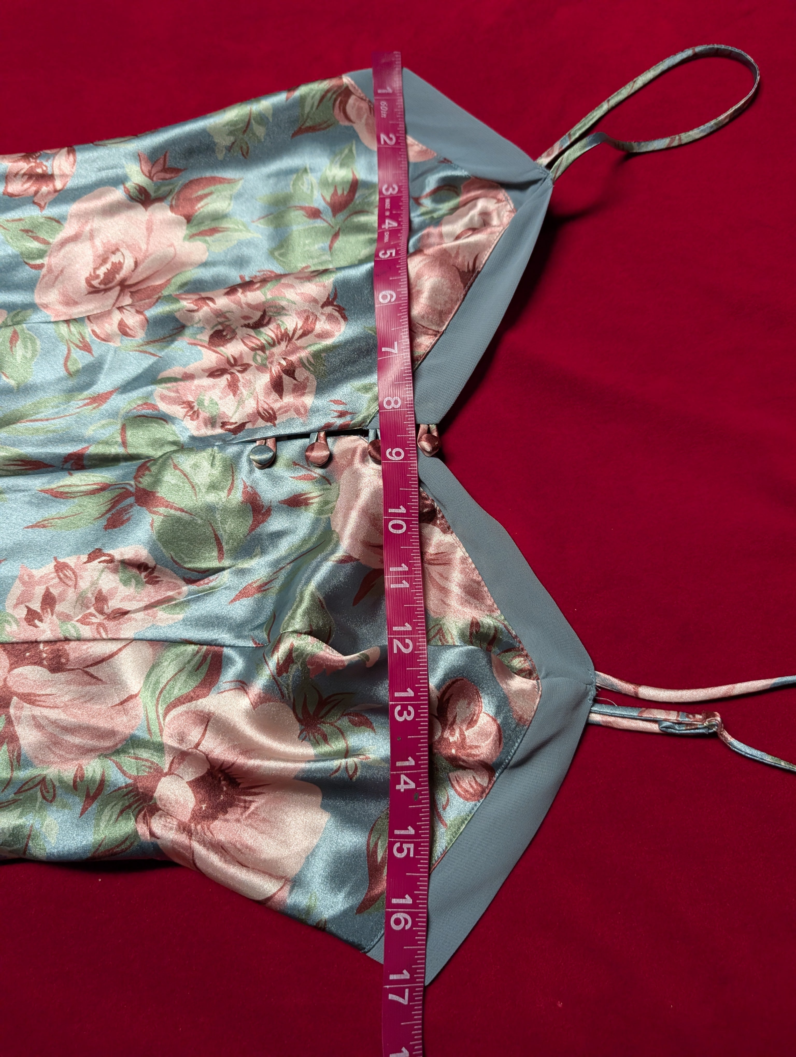 Cacique Beautiful Blue & Pink Floral Satin Slip Romper & Robe with Sash Set size Small