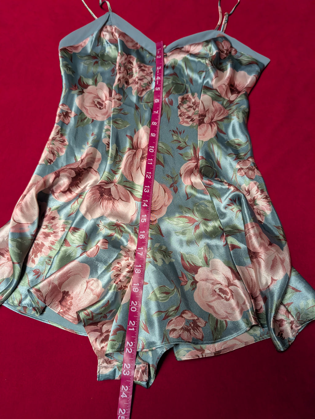 Cacique Beautiful Blue & Pink Floral Satin Slip Romper & Robe with Sash Set size Small